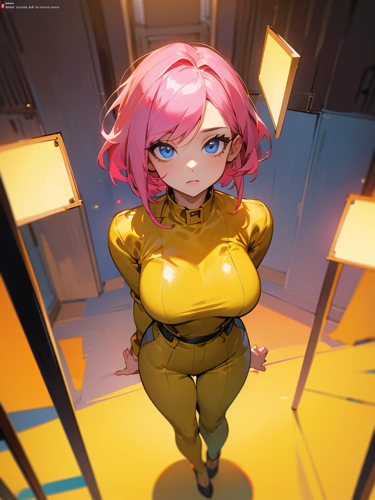 Fearless mature woman inside a server being viewed through a HUD with information, Facial Focus, big pink hair, shining blue eyes, wearing a mustard yellow jumpsuit, breasts big, looking 35 years old, eye on the spectator, look to the camera, , the background is a dark corridor, Hands on waist, thick-thighs, ((look up looking at the viewer)), Masterpiece artwork