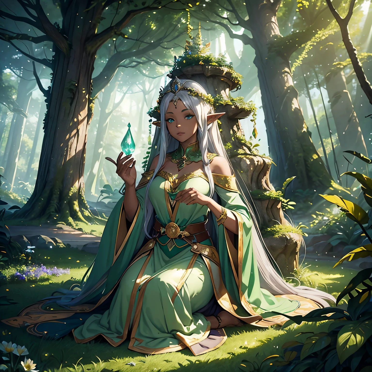 Woman, (elderly), old elf, serene and majestic appearance, green and gold robes, Connected with nature, soft light aura, long silver hair, crown of leaves and flowers, natural magic, surrounded by plants and animals, (colossal tree in the background), enchanted forest environment, elf ears, (darkskin)