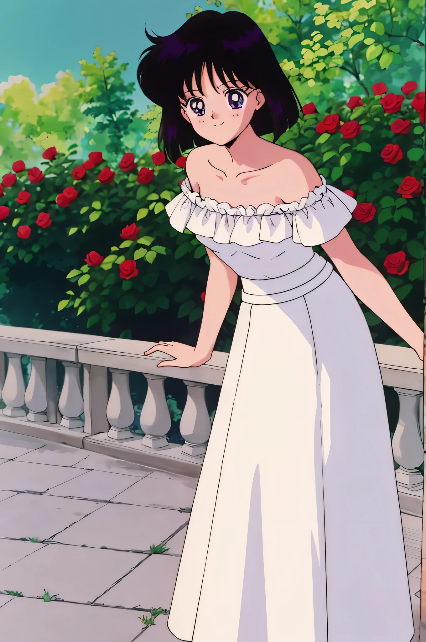 (retro anime girl:1.2), (white dress:1.1), (masterpiece:1.2), (best quality), (ultra detailed), (8k,4k), (half body:1.2), (cowboy:1.2), (close up:1.2), (highly detailed:1.2), (Ruffle Off-the-shoulder top:1.4), (Maxi skirt:1.4), Hotaru Tomoe, 1 girl, solo, Best quality, masterpiece, High Definition, r, Purple Eyes, Beautiful Detail Eyes, Black Bob Hair, Good hands at sides, Smile, Blushing, Bare Neck, Bare Arms, Bare Shoulders, short sleeve, Strapless, White Ruffle Off-the-Shoulder Top, White Off-the-shoulder Dress, White maxi dress, walking in the garden, looking at viewers, garden, sunset skies, rose bushes, outdoor gazebo
