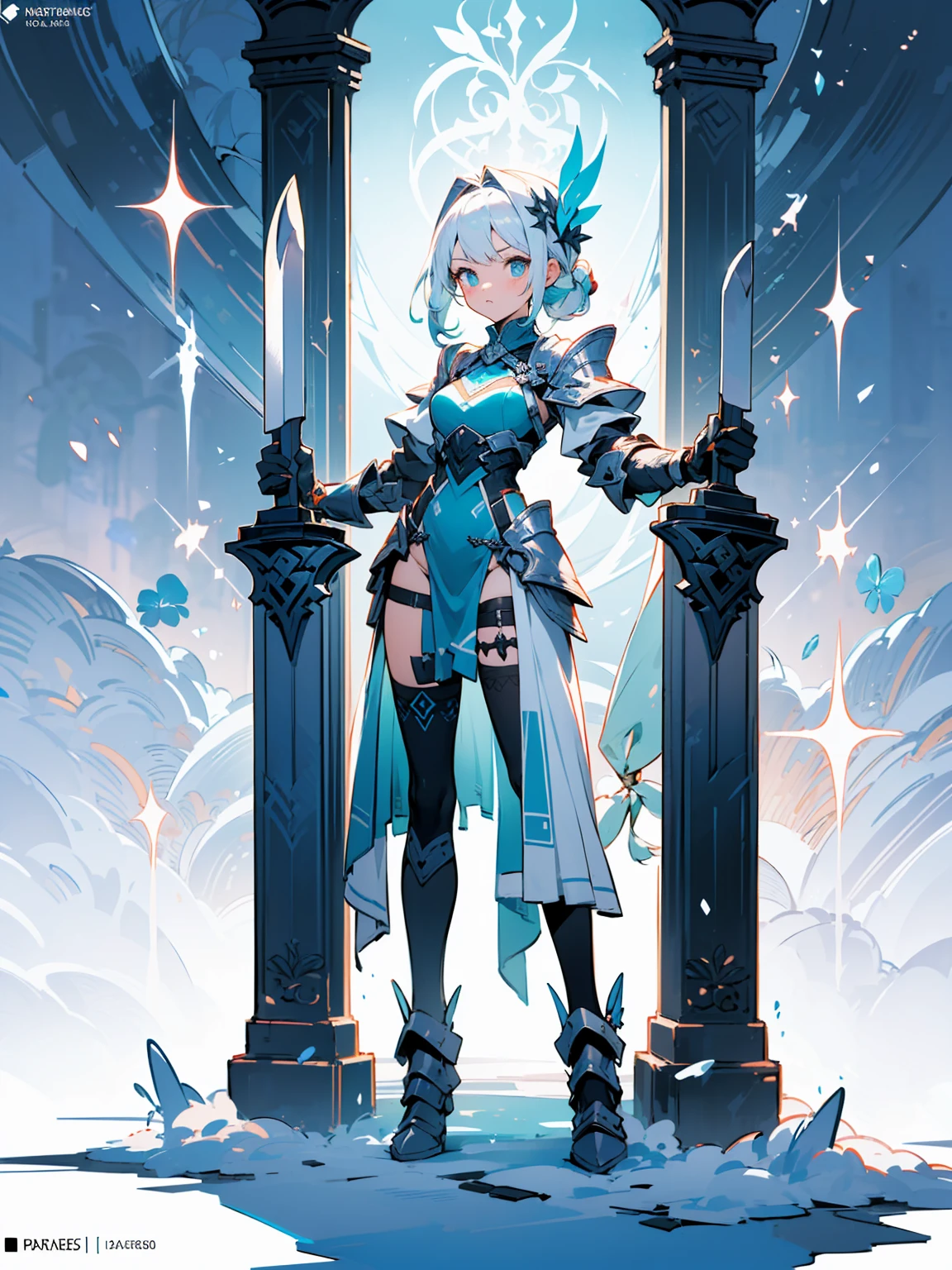 (((masterpiece, best quality, high detailed, 8k))) Design a layout showcase Gaming character, (1girl). Blue|Silver clothes, stylish and unique. ((showcase weapon:1.4)), bow and arrows. (masterpiece:1.2), (best quality), 4k, ultra-detailed. (Step by step design, layout art:1.5), (luminous lighting, atmospheric lighting). archer, ((glove full hands)), (((revealing clothes:1.3))), vambraces, armored legwear, (((full_body_shot:1.4))). {On a snowy mountain}.