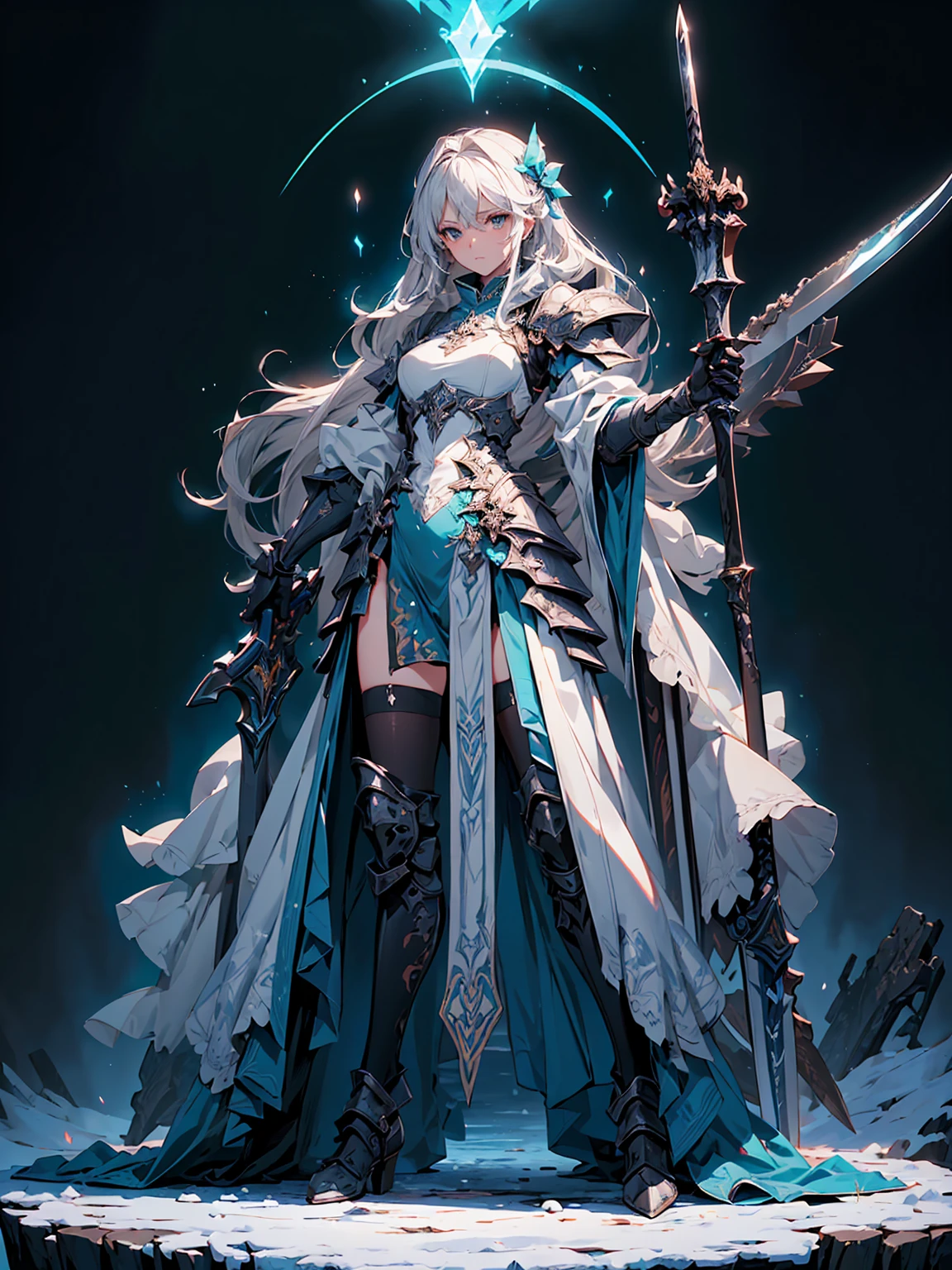 (((masterpiece, best quality, high detailed, 8k))) Design a layout showcase Gaming character, (1girl). Blue|Silver clothes, stylish and unique. ((showcase weapon:1.4)), bow and arrows. (masterpiece:1.2), (best quality), 4k, ultra-detailed. (Step by step design, layout art:1.5), (luminous lighting, atmospheric lighting). archer, ((glove full hands)), (((revealing clothes:1.3))), vambraces, armored legwear, (((full_body_shot:1.4))). {On a snowy mountain}.
