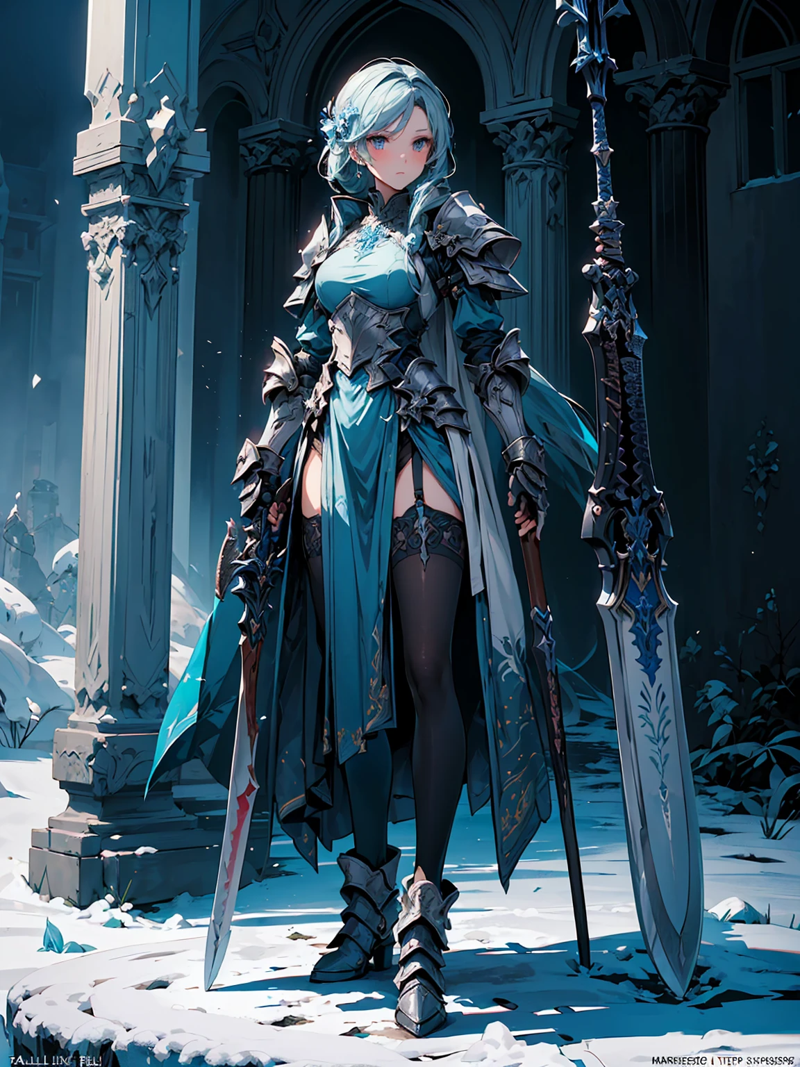 (((masterpiece, best quality, high detailed, 8k))) Design a layout showcase Gaming character, (1girl). Blue|Silver clothes, stylish and unique. ((showcase weapon:1.4)), bow and arrows. (masterpiece:1.2), (best quality), 4k, ultra-detailed. (Step by step design, layout art:1.5), (luminous lighting, atmospheric lighting). archer, ((glove full hands)), (((revealing clothes:1.3))), vambraces, armored legwear, (((full_body_shot:1.4))). {On a snowy mountain}.
