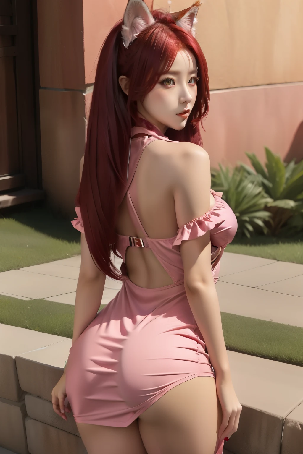 18 years old, very small head)), Daylight, sunlight, (perfect body: 1.1), (short wavy hair: 1.2), dark brown hair, (Pink and blue mesh hair, Fine mesh), (Photo full length front view), (ultra thin and thin silk pink mini dress), (high heels shoes), (sweat), (in the park), (highly detailed 8k CG wallpaper), (extremely delicate and beautiful), (Masterpiece), (Best quality: 1.0), (超 high resolution: 1.0), (realistic), Beautiful lightning bolts, Perfect lightning bolts, Realistic shadows, (High resolution), Detailed skin, Ultra detailed slim body ), (beautiful hair), real hair, detailed hairs, (high ponytail), thin collarbone, beautiful breasts, blush, photorealistic, realistic face, realistic eyes, small eyes, cute smile, (((colored))), ( eyeliner), (mascara), (eyeshadow), (NSFW), Return, (Back photo), (Focus on butt). Full length rear shot standing in high heels) Back, (Back photo), (Focus on butt). rear shot