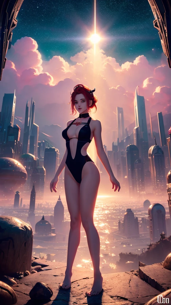 ((masterpiece)), Best Quality, (8k, Best Quality, masterpiece:1.2), ultra detailed, illustration, big fantasy city, Science fiction, ethereal city, floating city, many planets in the heavens, clouds around red hair with white skin with big eyes, black moon forehead tattoo, diadem, wearing a transparent swimsuit and having measurements of 90 chest, 60 hip, 90 waist.