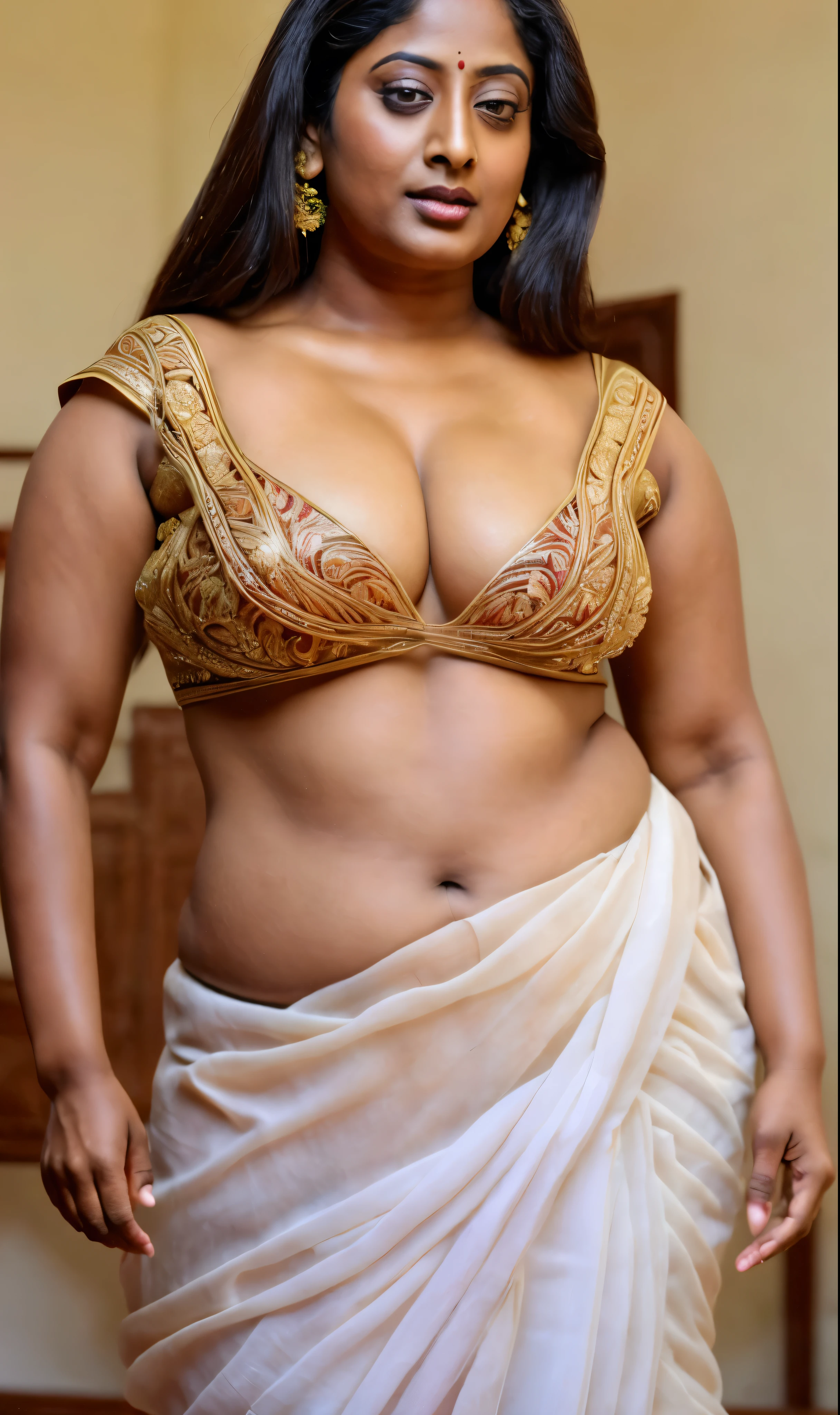 Looks like Indian Actress Mahie Gill, stunning beauty, enchantress, maharani, beautiful like apsara, An Extremely gorgeous and beautiful Bengali village woman, 55 yo, pale white skin, sensual appealing body, perfect thick and chubby Beauty, wearing saree bare-chested, wearing a Bengali-style saree without a blouse,, ethnic vintage bengali village woman, bengali style saree, The sari was worn without a blouse and petticoat before the British Raj, baring one's chest or being blouseless, intricate , Bengalis a.k.a. Bongs are known for their unique Bengali fashion sense (the way they don that sari makes you go wow), Pre British Raj, Pre colonial era, Bengali Woman draping sari without blouse is a normal thing in pre British Era, bong woman, wearing kajal or kohl or kajol in eyes, enchanting face, fluent body language and her own appeal is truly different, thick fleshy navel, juicy lips, beautiful curvy village woman, desi gorgeous Bong aunty, curvy mature beauty, Bengali bhabhi , deep juicy navel, juicy figure, skin pores, skin texture, highly detailed, sensually appealing, appealing figure, appealing body language,