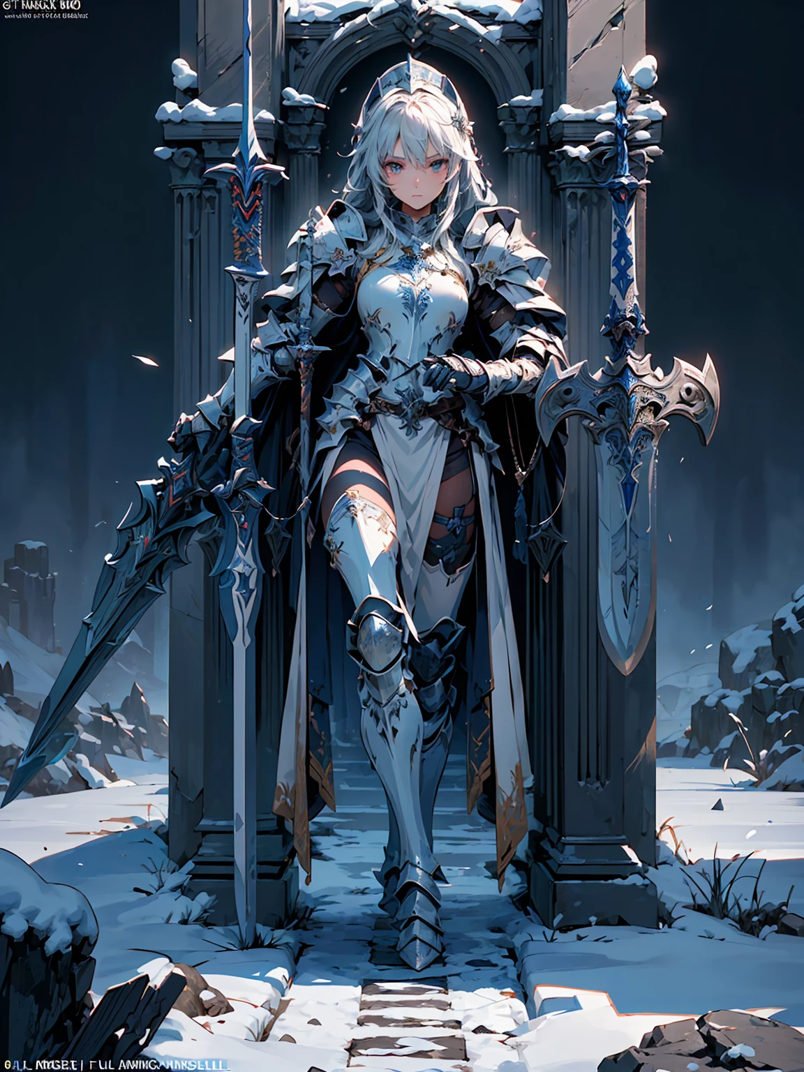 (((masterpiece, best quality, high detailed, 8k))) Design a layout showcase Gaming character, (1girl). Blue+Silver armor, stylish and unique. ((showcase weapon:1.4)), bow and arrows. (masterpiece:1.2), (best quality), 4k, ultra-detailed. (Step by step design, layout art:1.5), (luminous lighting, atmospheric lighting). archer, ((glove full hands)), (((revealingarmor:1.3))), vambraces, armored legwear, (((full_body_shot:1.4))). {On a snowy mountain}.