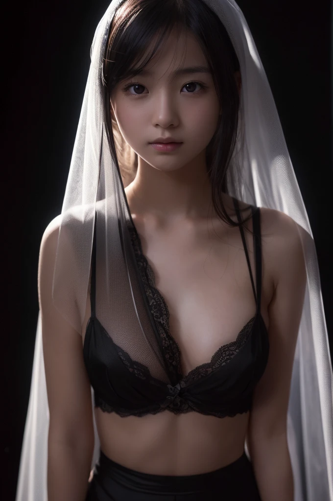 medicine、art,(8k), (Highest quality: 1.2), (Realistic), (Realistic: 1.37), Ultra-high resolution,(((artファッション写真)))、(((Thick fog of darkness)))、sitting、Illuminated with enchanting lighting、Wearing a thin veil on the body、 (((Wear a thin veil around your chest)))、15 year old naked japanese girl, Small breasts、cute, Young Face、Show me your beautiful and precise vagina、((((black background))))