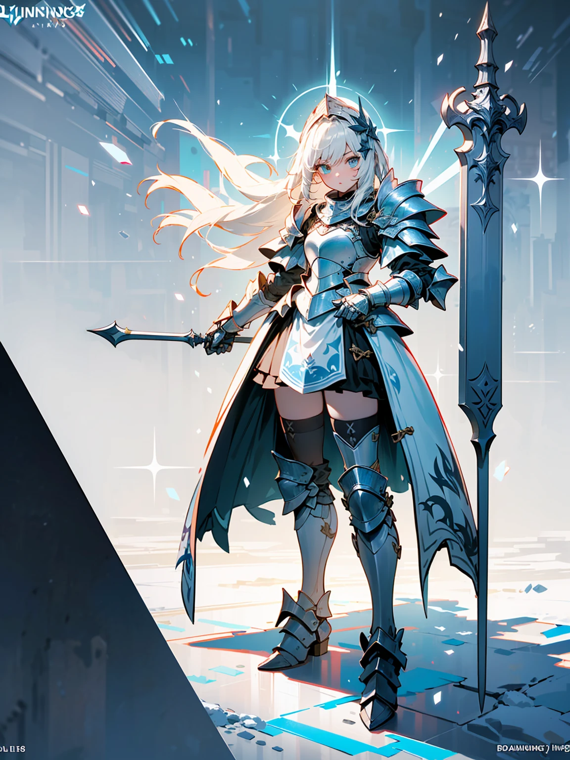 (((masterpiece, best quality, high detailed, 8k))) Design a layout showcase Gaming character, (1girl). Blue+Silver armor, stylish and unique. ((showcase weapon:1.4)), bow and arrows. (masterpiece:1.2), (best quality), 4k, ultra-detailed. (Step by step design, layout art:1.5), (luminous lighting, atmospheric lighting). archer, ((glove full hands)), (((revealingarmor:1.3))), vambraces, armored legwear, (((full_body_shot:1.4))). {On a snowy mountain}.