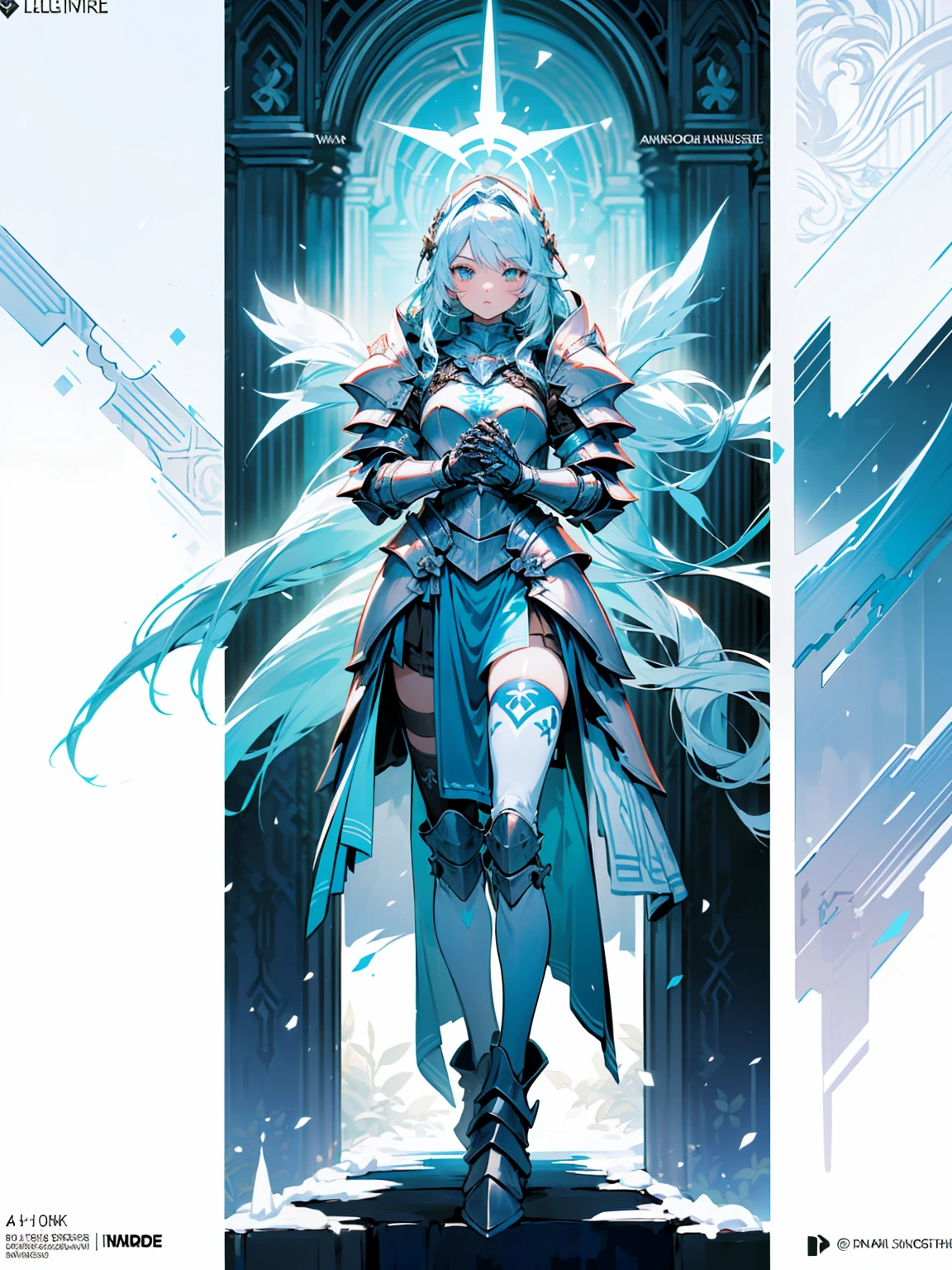 (((masterpiece, best quality, high detailed, 8k))) Design a layout showcase Gaming character, (1girl). Blue+Silver armor, stylish and unique. ((showcase weapon:1.4)), bow and arrows. (masterpiece:1.2), (best quality), 4k, ultra-detailed. (Step by step design, layout art:1.5), (luminous lighting, atmospheric lighting). archer, ((glove full hands)), (((revealingarmor:1.3))), vambraces, armored legwear, (((full_body_shot:1.4))). {On a snowy mountain}.