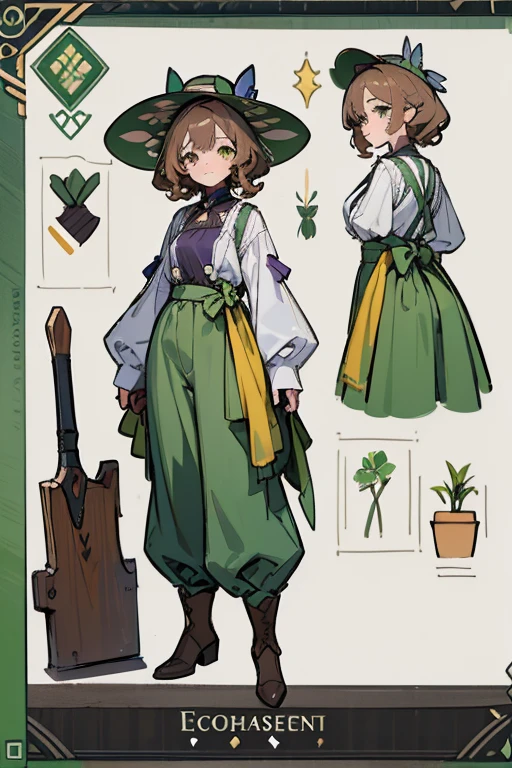 (Masterpiece, best quality), detailed, 1 gardener woman, (character concept art), (character design sheet, reference sheet, same character, front, side, back), full body, body complete, 1 gardener female, 1 gardener women. Character design sheet full body, Highly detailed, character sheet, character design, Many parts, pale skin, olive green eyes, short brown curly hair, lavender flower, flat chest, garden hat, gardening hat, a lavender flower in the hat, pants, Ecofashion, Ecopunk, Ecology, Earthy clothing, gardening clothing, gardening, garden, Solarpunk, Solarpunk reference, Solarpunk inspired, cottagecore aesthetic, cottagecore, pants, gold details, pastel purple, green and brown color palette for the clothes.