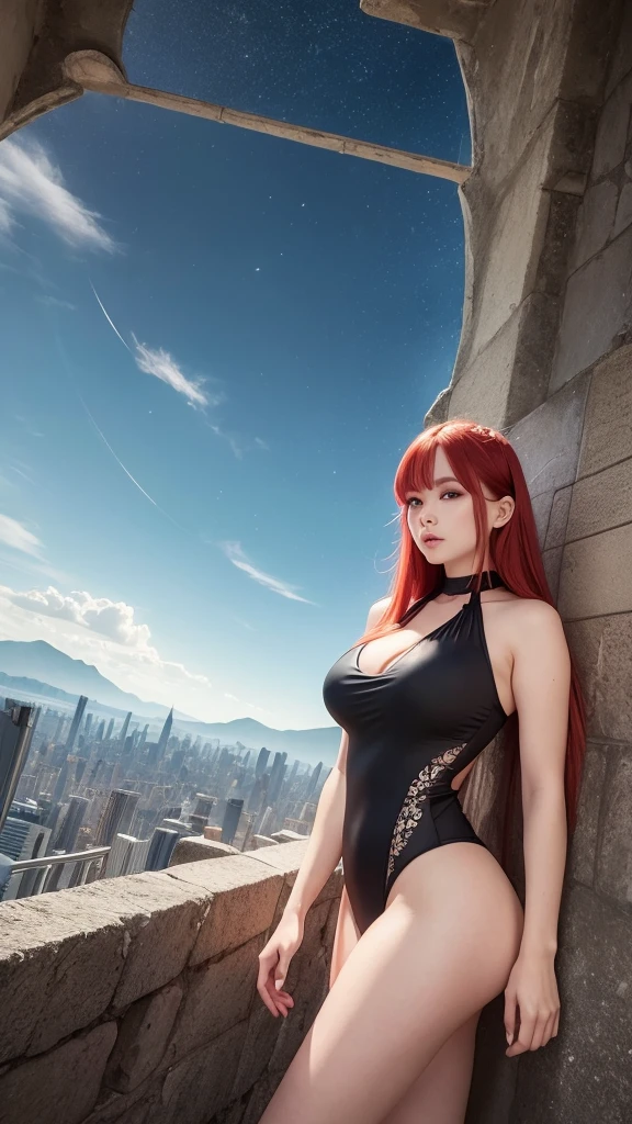 ((masterpiece)), Best Quality, (8k, Best Quality, masterpiece:1.2), ultra detailed, illustration, big fantasy city, Science fiction, ethereal city, floating city, many planets in the heavens, clouds around red hair with white skin with big eyes, black moon forehead tattoo, diadem,  wearing a transparent swimsuit and having measurements of 90 chest, 60 hip, 90 waist. 