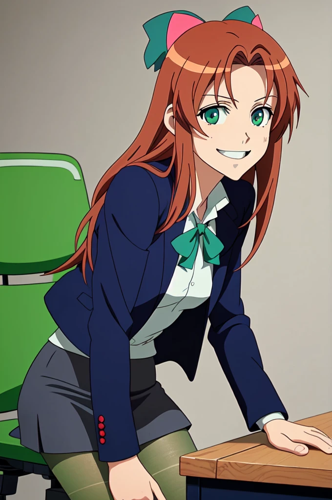 a girl with fire-engine-red hair and green eyes seated leaning forward on a desk wearing a with blue blazer grey miniskirt, pantyhose, green bow, (intense red hair), (green bow), ((blue jacket)), (miniskirt pantyhouse),masterpiece, (green_eyes), detailed eyes, 1 girl, ((anime)), (long hair), ( illustration), ( fair skin, irish)+, indoor background, smiling, bokeh, slender,