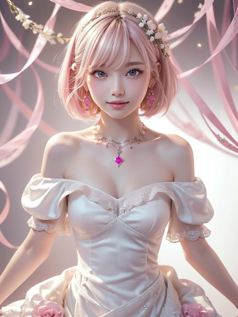 8k,Confused, High resolution, Very detailed, 1 girl, alone, Very beautiful eyes, Ultra-precise depiction, Artistic、Very detailed depiction, (Tangled:1.2), , (White high key background:1.5), (((Pink off-shoulder dress 1.5))), 、 short hair、Earrings and Necklaces、Platinum Blonde Hair, (Glowing Skin), Many colors, , (Shooting from above:1.2),、Flat Body、slim、cute、、Round face、Cast a Shadow、、Smile 1.3