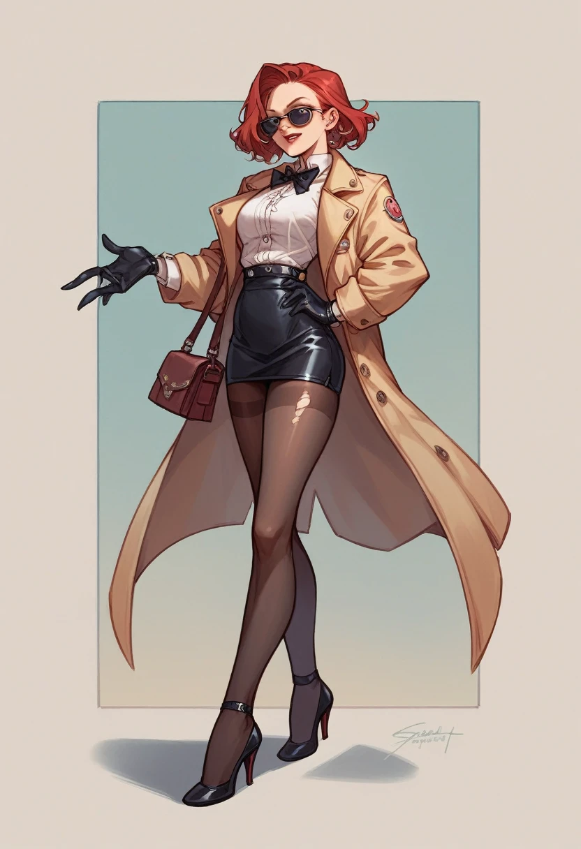 Scarlett overkill with long cream coat and leather black gloves with pantyhose and high heels and sunglasses 
