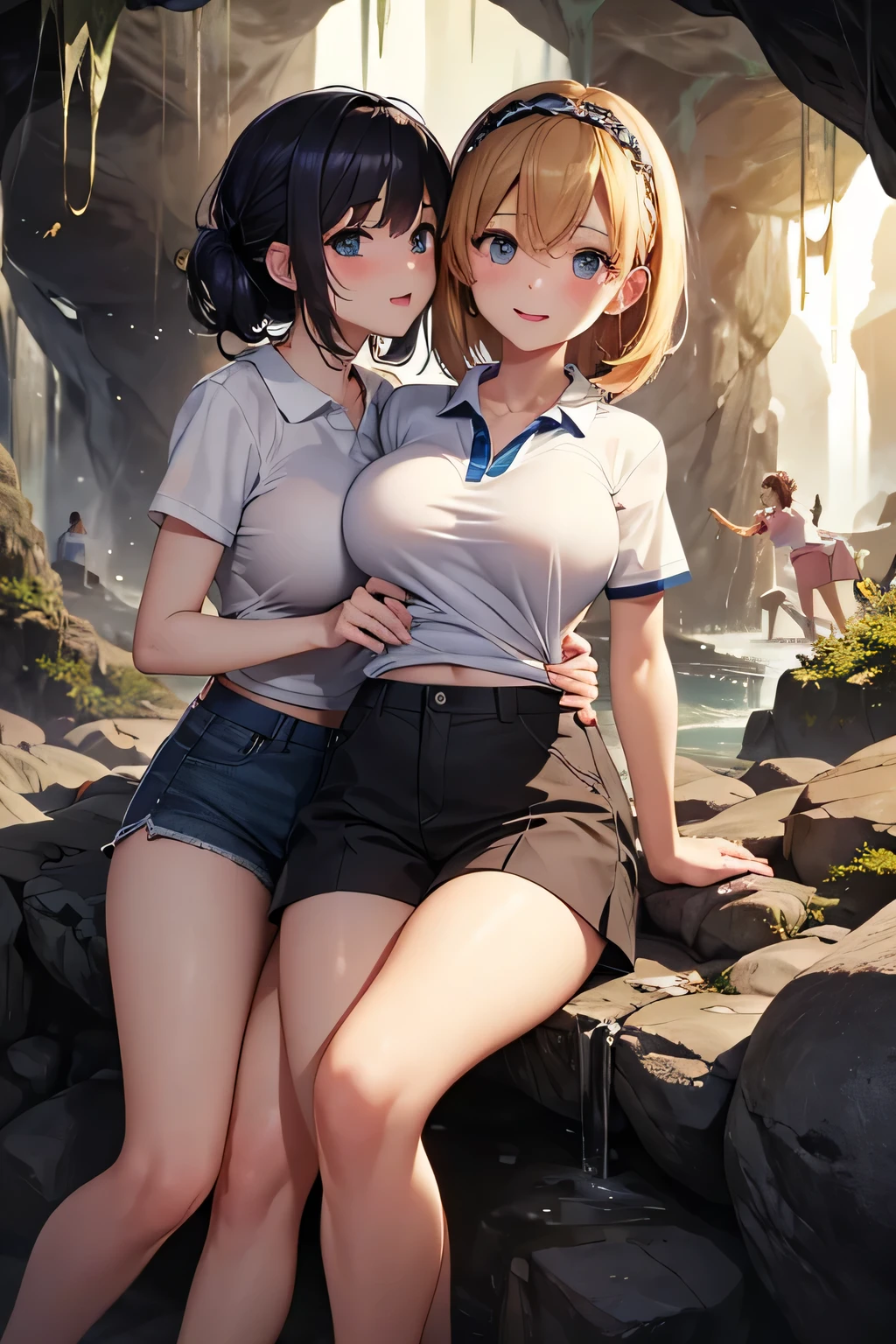 Highest quality、High resolution、Detailed Background、(Beautiful face in every detail:1.4)、Anatomically correct、Detailed facial expressions、(Detailed eyes:1.2)、 beauty、(Huge breasts:1.2)、Highly detailed face、Light color hair、Braided bob cut、ponytail、Perfect body line、well-groomed eyebrows、Enjoy in nature、Hot days of summer vacation、Visiting a limestone cave、Mysterious atmosphere of the cave、
(Two beautiful girls having fun in a famous cave:1.5)、
Inside the cave, it is cool, and the stalactites illuminated by the light of a flashlight create a mysterious atmosphere.、
They run around happily and proceed deeper into the cave.、He looks up at the stalactites on the ceiling with a puzzled expression.、I cross the stream and enjoy the feel of the cave walls with my hands.、Spread out your lunch and eat、They are having a lively conversation and smiling at each other.、It gradually gets darker inside the cave.、Carrying a flashlight, I continue to explore deeper and deeper.、Fulfilling summer vacation memories、
We recommend a light jacket such as a T-shirt or polo shirt.、For bottoms, we recommend shorts or half pants.、Sneakers or trekking shoes are best、A headband that makes it easy to tie your hair up and a flashlight are useful.、Light outdoor fashion style、cute