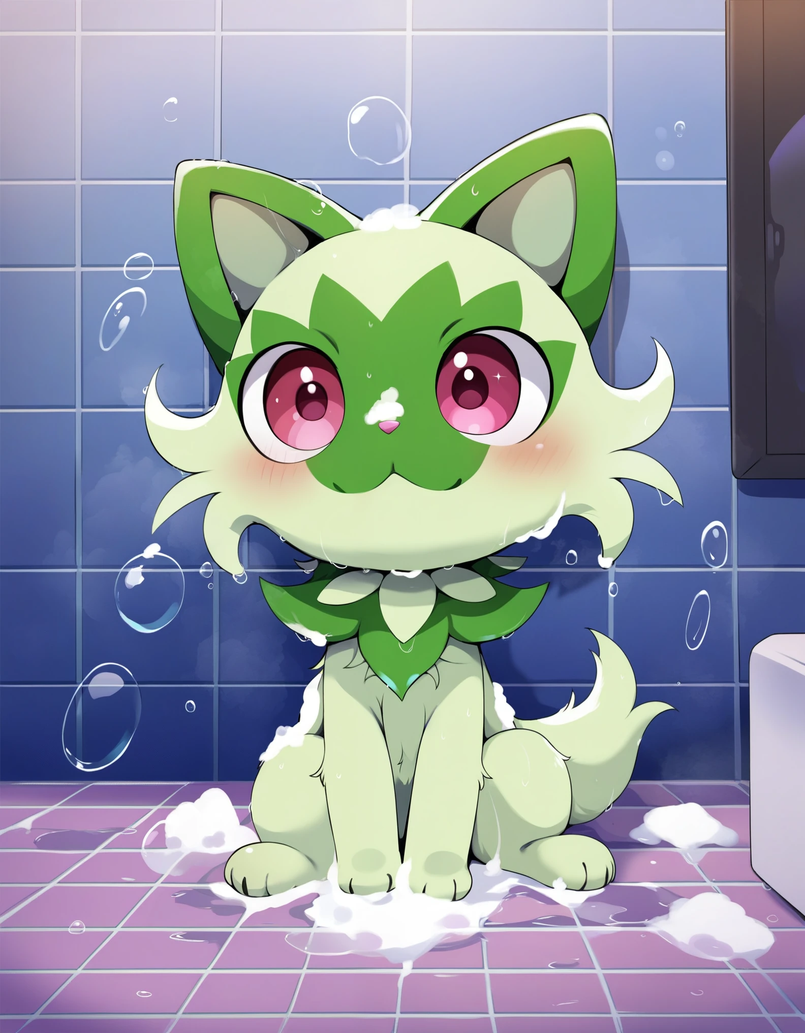 dagasi, body fur, score_9_up, score_8_up, score_7_up, source_anime, (masterpiece, perfectly detailed, detailed face, detailed eyes, beautiful eyes), PokeMaster_PS, sprigatito_pokemon, no humans, pokemon (creature), red eyes, bubble, soap bubbles, wet, :<, cat, water drop, closed mouth, tiles, indoors, solo