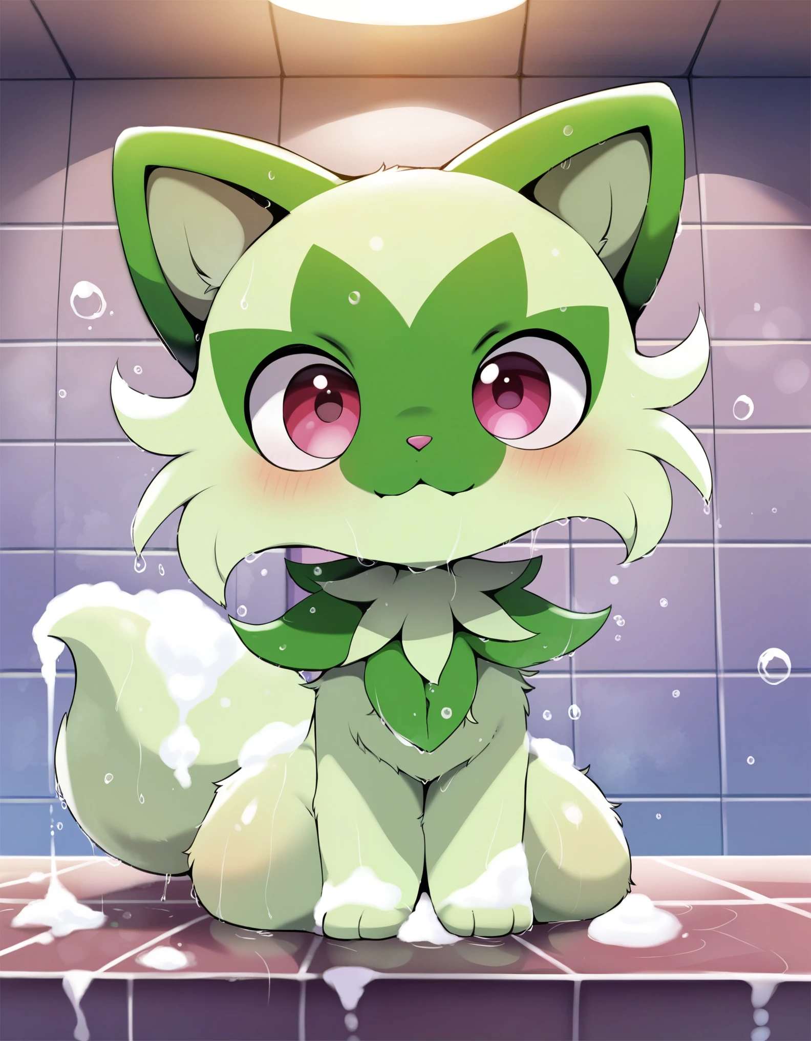 dagasi, body fur, score_9_up, score_8_up, score_7_up, source_anime, (masterpiece, perfectly detailed, detailed face, detailed eyes, beautiful eyes), PokeMaster_PS, sprigatito_pokemon, no humans, pokemon (creature), red eyes, bubble, soap bubbles, wet, :<, cat, water drop, closed mouth, tiles, indoors, solo