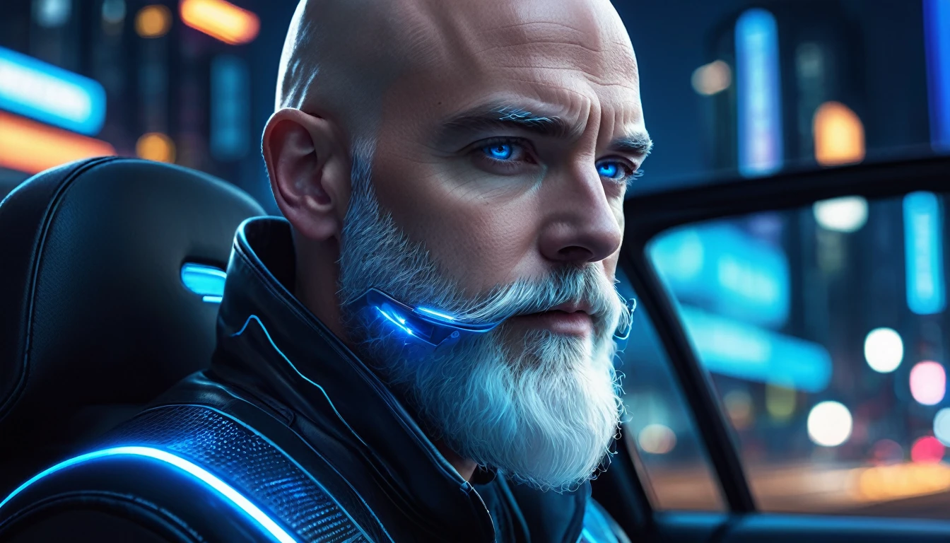 a high quality professional photo of a bald white man with a large white beard, with a bright blue microchip behind his ear, this detail is well highlighted, driving a car at night. futuristic design, realistic, front view, close up, cinematic lighting, futuristic cityscape in the background, glowing neon lights, high tech aesthetic, glowing blue accents, dark and moody atmosphere, concept art, cyberpunk style, urban night scene, digital art, high detail, 4k resolution.