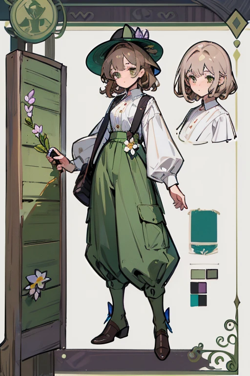 (Masterpiece, best quality), detailed, 1 gardener woman, (character concept art), (character design sheet, reference sheet, same character, front, side, back), full body, body complete, 1 gardener female, 1 gardener women. Character design sheet full body, Highly detailed, character sheet, character design, Many parts, pale skin, olive green eyes, short brown curly hair, lavender flower, flat chest, garden hat, gardening hat, a lavender flower in the hat, pants, Ecofashion, Ecopunk, Ecology, Earthy clothing, gardening clothing, gardening, garden, Solarpunk, Solarpunk reference, Solarpunk inspired, cottagecore aesthetic, cottagecore, pants, gold details, pastel purple, green and brown color palette for the clothes.