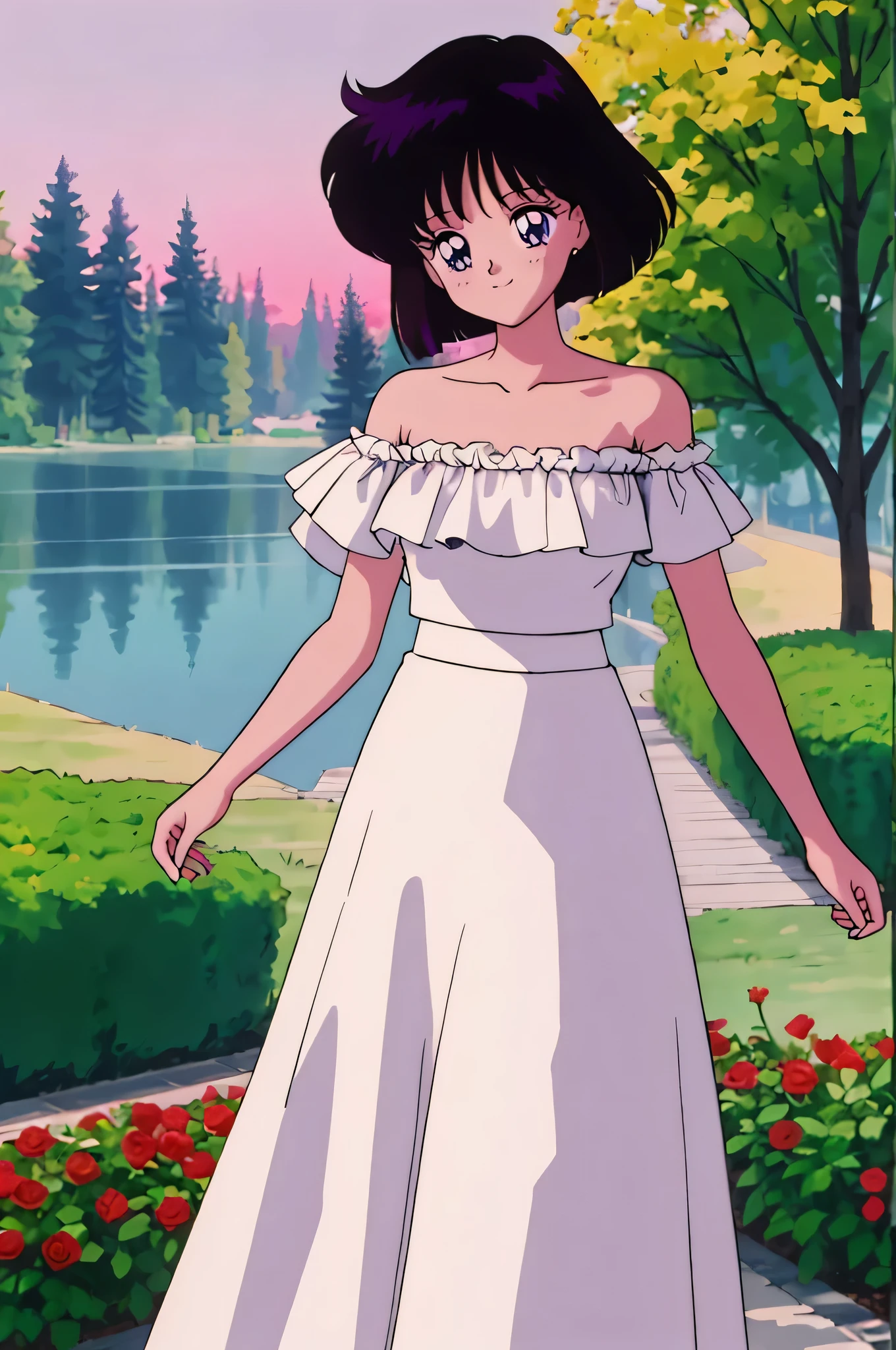 (retro anime girl:1.2), (white dress:1.1), (masterpiece:1.2), (best quality), (ultra detailed), (8k,4k), (half body:1.2), (cowboy:1.2), (close up:1.2), (highly detailed:1.2), (Ruffle Off-the-shoulder top:1.4), (Maxi skirt:1.4), Hotaru Tomoe, 1 girl, solo, Best quality, masterpiece, High Definition, Teenager, Purple Eyes, Beautiful Detail Eyes, Black Bob Hair, Good hands at sides, Smile, Blushing, Bare Neck, Bare Arms, Bare Shoulders, short sleeve, Strapless, White Ruffle Off-the-Shoulder Top, White Off-the-shoulder Dress, White maxi skirt, walking in the garden, looking at viewers, garden, sunset skies, rose bushes, outdoor lake
