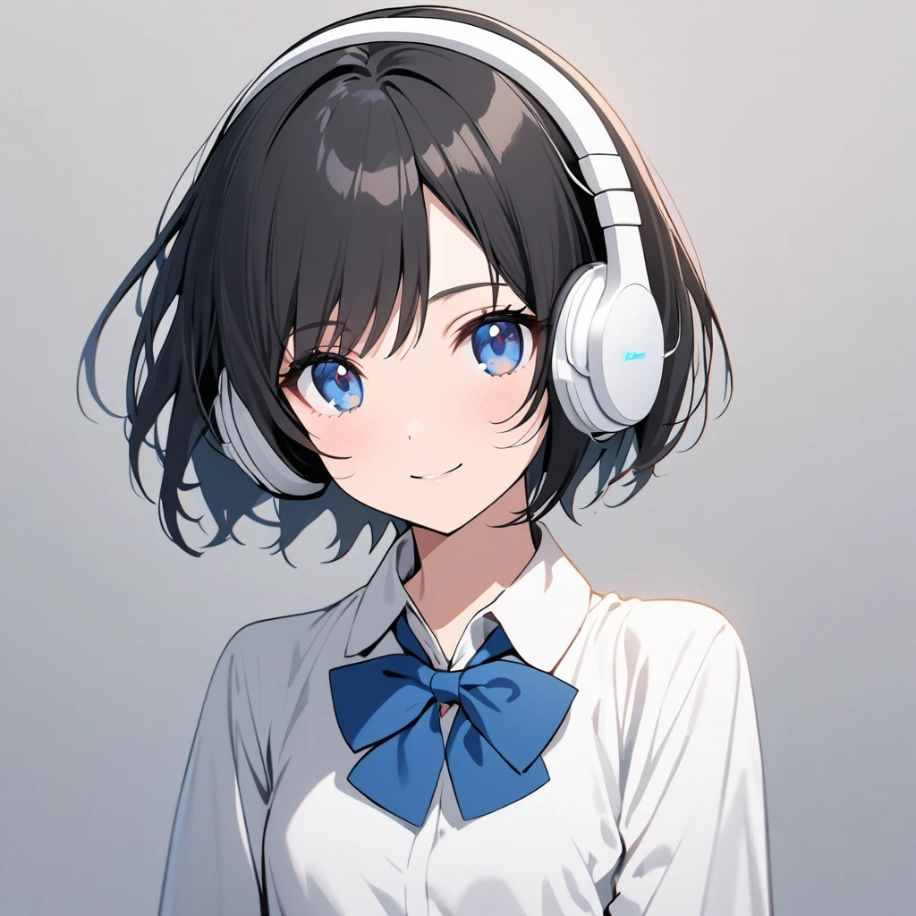 beautiful 1girl, solo, gentle smile on her face flat chest, short hair, black hair, beautiful blue eyes, young, adult woman, blank background, while wearing wireless white headphones, formal white shirt and a blue bowtie, face mostly