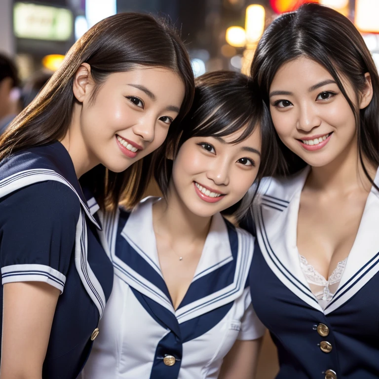 (a trio of gorgeous ladies, in their 20s, at Tokyo. They are dressed in Japanese fashion, Serafuku, Seifuku, Sailor Uniform, JK Uniform Cosplay, Button Details, feminine, random & natural pose under night sky, beautiful detailed face, beautiful detailed eyes, dimpled smile, kind & friendly smile, short straight hair, bob hair, ponytail, cute snaggletooth, ample round bosom, medium chest, strengthened chest, healthy body proportion, enchanting cleavage, photorealistic, hyper-realism, high contrast, ultra HD, realistic skin textures, top image quality, top-quality, super high resolution, fine details, very meticulously, bokeh background, the_cowboy_shot, vivid colours,) #GTO #GreatTeacherOnizuka