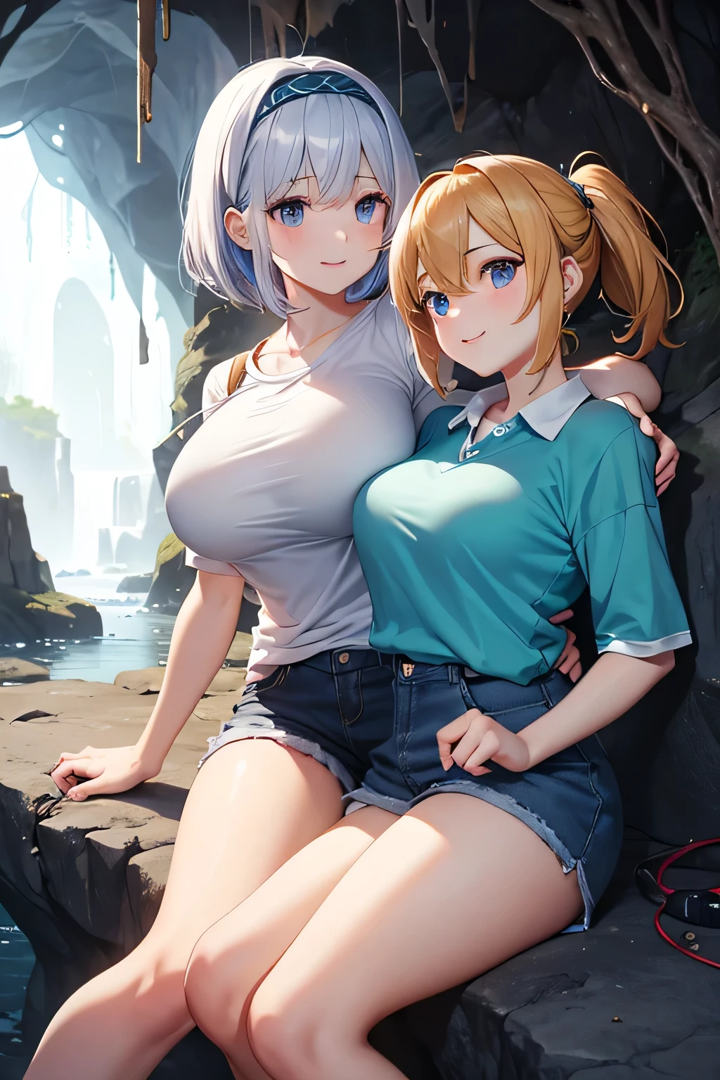 Highest quality、High resolution、Detailed Background、(Beautiful face in every detail:1.4)、Anatomically correct、Detailed facial expressions、(Detailed eyes:1.2)、 beauty、(Huge breasts:1.2)、Highly detailed face、Light color hair、Braided bob cut、ponytail、Perfect body line、well-groomed eyebrows、Enjoy in nature、Hot days of summer vacation、Visiting a limestone cave、Mysterious atmosphere of the cave、
(Two beautiful girls having fun in a famous cave:1.5)、
Inside the cave, it is cool, and the stalactites illuminated by the light of a flashlight create a mysterious atmosphere.、
They run around happily and proceed deeper into the cave.、He looks up at the stalactites on the ceiling with a puzzled expression.、I cross the stream and enjoy the feel of the cave walls with my hands.、Spread out your lunch and eat、They are having a lively conversation and smiling at each other.、It gradually gets darker inside the cave.、Carrying a flashlight, I continue to explore deeper and deeper.、Fulfilling summer vacation memories、
We recommend a light jacket such as a T-shirt or polo shirt.、For bottoms, we recommend shorts or half pants.、Sneakers or trekking shoes are best、A headband that makes it easy to tie your hair up and a flashlight are useful.、Light outdoor fashion style、cute