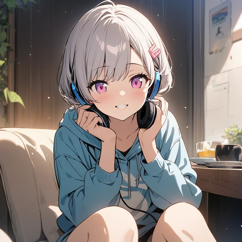 one girl, silver short hair and bob hair、I tied my hair in a bun with a hair clip..、beautiful pink eyes、smile、gentle smile on her face、flat chest, one Beautiful girl,((masterpiece, illustration, best quality)perfect face, sitting under the Blue Jacaranda (Jacaranda mimosifolia), listening to music, One woman, wearing headphones, eyes closed, wearing a hoodie