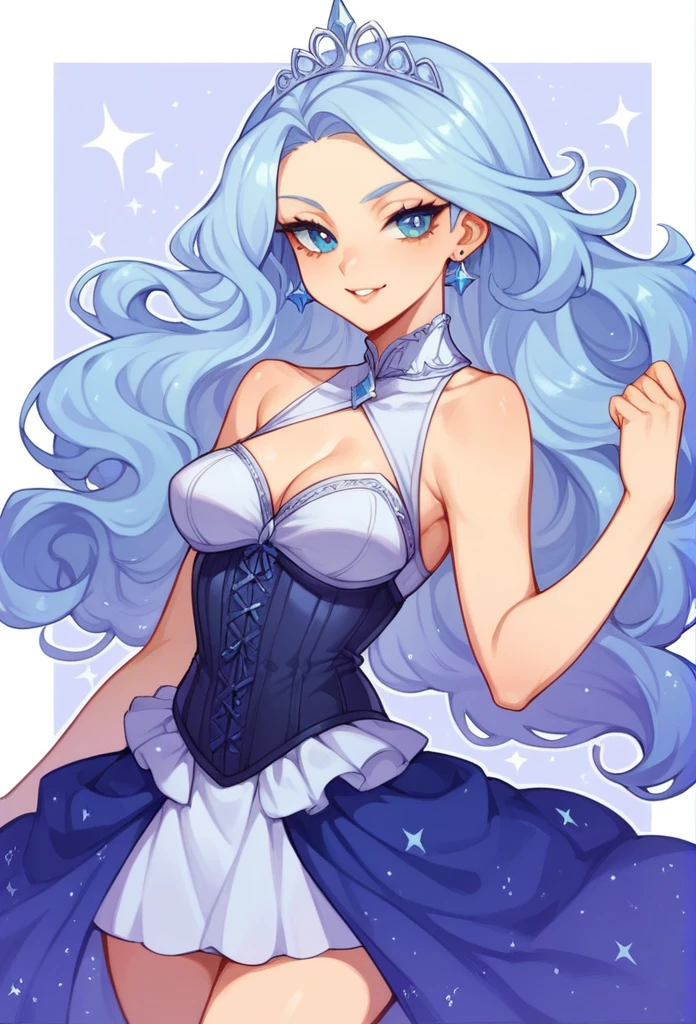 1girl, has long, flowing hair that changes color with her emotions, Her eyes are large and expressive, with an iridescent purple , wears a celestial-themed outfit. Her top is a fitted, sleeveless corset with a pattern of constellations that glow faintly in the dark. Her skirt is asymmetrical, with layers of translucent fabric resembling the night sky, giving it a dreamy, ethereal feel. The hem of the skirt is adorned with tiny bells that tinkle softly as she moves. silver tiara, thick outlines, comic character