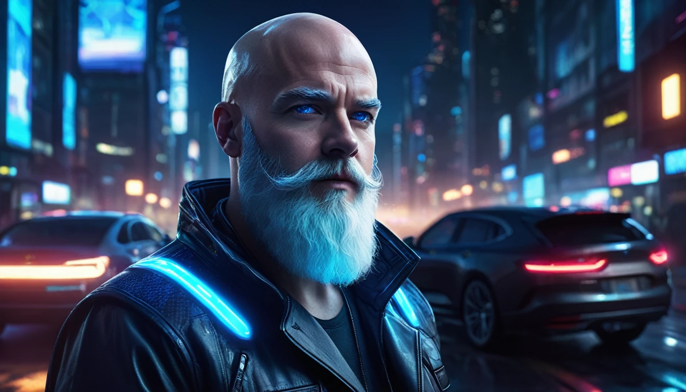  high quality professional photo of a bald white man with a large white beard, with a bright blue microchip behind his ear, this detail is well highlighted, driving a car at night. futuristic design, realistic, front view, close up, cinematic lighting, futuristic cityscape in the background, glowing neon lights, high tech aesthetic, glowing blue accents, dark and moody atmosphere, concept art, cyberpunk style, urban night scene, digital art, high detail, 4k resolution. full body 