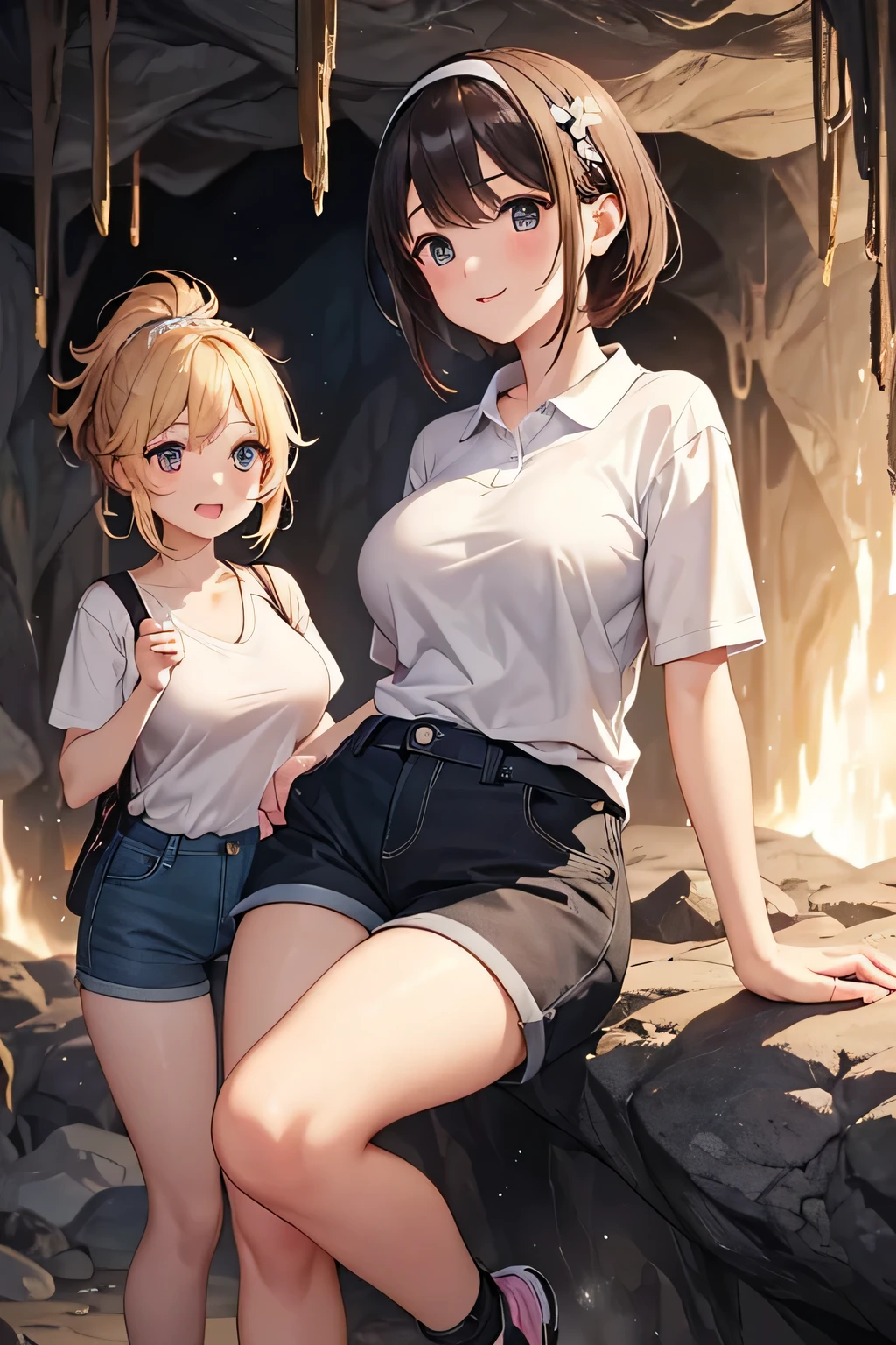 Highest quality、High resolution、Detailed Background、(Beautiful face in every detail:1.4)、Anatomically correct、Detailed facial expressions、(Detailed eyes:1.2)、Teenage beauty、(Huge breasts:1.2)、Highly detailed face、Light color hair、Braided bob cut、ponytail、Perfect body line、well-groomed eyebrows、Enjoy in nature、Hot days of summer vacation、Visiting a limestone cave、Mysterious atmosphere of the cave、

(Two beautiful girls having fun in a famous cave:1.5)、

Inside the cave, it is cool, and the stalactites illuminated by the light of a flashlight create a mysterious atmosphere.、
They run around happily and proceed deeper into the cave.、He looks up at the stalactites on the ceiling with a puzzled expression.、I cross the stream and enjoy the feel of the cave walls with my hands.、Spread out your lunch and eat、They are having a lively conversation and smiling at each other.、It gradually gets darker inside the cave.、Carrying a flashlight, I continue to explore deeper and deeper.、Fulfilling summer vacation memories、

We recommend a light jacket such as a T-shirt or polo shirt.、For bottoms, we recommend shorts or half pants.、Sneakers or trekking shoes are best、A headband that makes it easy to tie your hair up and a flashlight are useful.、Light outdoor fashion style、cute