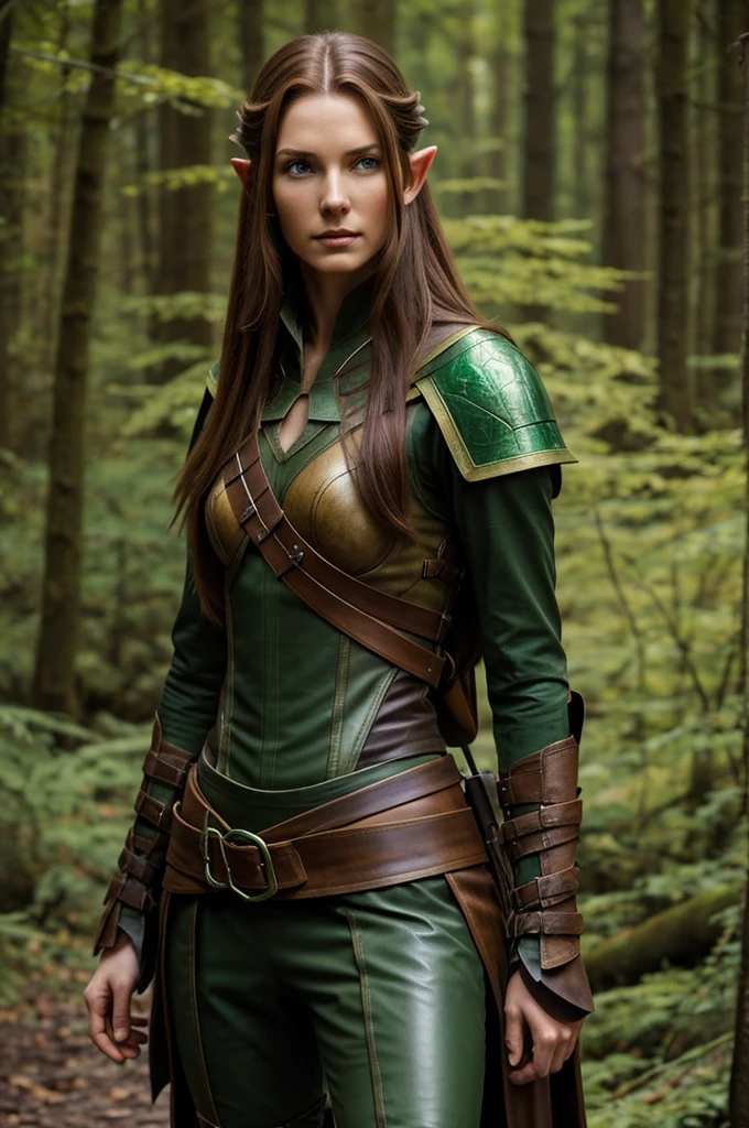 A tall and lithe half elf ranger woman with eyes of emerald green long chestnut brown hair that's tied behind her back wearing practical leather armor dyed with shades of green and brown with a look of observant and mischief