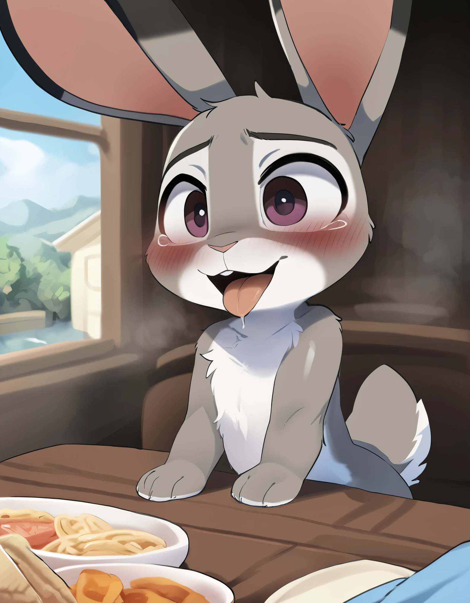 dagasi, body fur, anthro, female, judy hopps rabbit ears, tongue out, (suggestive looking, naughty looking:1.3), solo, by siroc, by zinfyu, by dagasi, by chunie