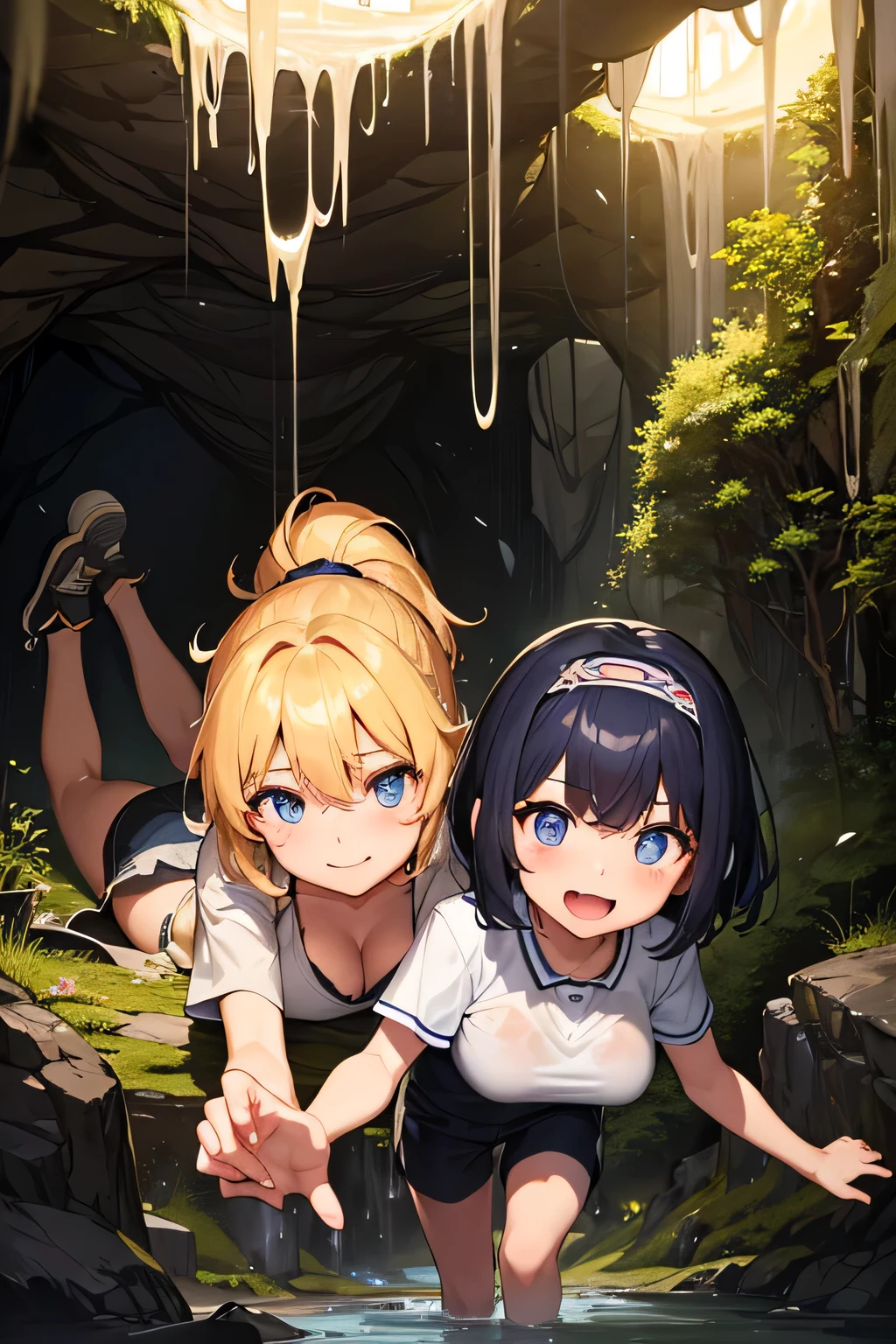 Highest quality、High resolution、Detailed Background、(Beautiful face in every detail:1.4)、Anatomically correct、Detailed facial expressions、(Detailed eyes:1.2)、 beauty、(Huge breasts:1.2)、Highly detailed face、Light color hair、Braided bob cut、ponytail、Perfect body line、well-groomed eyebrows、Enjoy in nature、Hot days of summer vacation、Visiting a limestone cave、Mysterious atmosphere of the cave、
(Two beautiful girls having fun in a famous cave:1.5)、
Inside the cave, it is cool, and the stalactites illuminated by the light of a flashlight create a mysterious atmosphere.、
They run around happily and proceed deeper into the cave.、He looks up at the stalactites on the ceiling with a puzzled expression.、I cross the stream and enjoy the feel of the cave walls with my hands.、Spread out your lunch and eat、They are having a lively conversation and smiling at each other.、It gradually gets darker inside the cave.、Carrying a flashlight, I continue to explore deeper and deeper.、Fulfilling summer vacation memories、
We recommend a light jacket such as a T-shirt or polo shirt.、For bottoms, we recommend shorts or half pants.、Sneakers or trekking shoes are best、A headband that makes it easy to tie your hair up and a flashlight are useful.、Light outdoor fashion style、cute