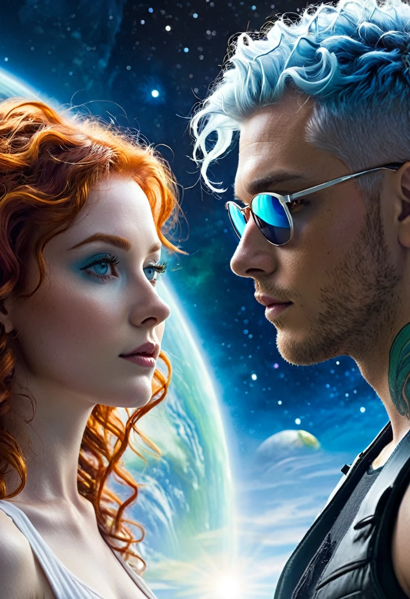 Two main characters staring at each other intensely. The woman has curly red hair that falls long over her shoulders., with eyes that mix the colors of honey and green. The man has short white hair with shades of light blue, gray blue eyes and a blue tattoo that runs up his neck. The cover background displays a planet in shades of white and blue, creating an ethereal and futuristic setting. The characters&#39; expressions are profound, suggesting an emotional connection and an engaging story. Soft lighting highlights the details of faces and the vibrant colors of hair and eyes, while the planet in the background adds a touch of mystery and fantasy.