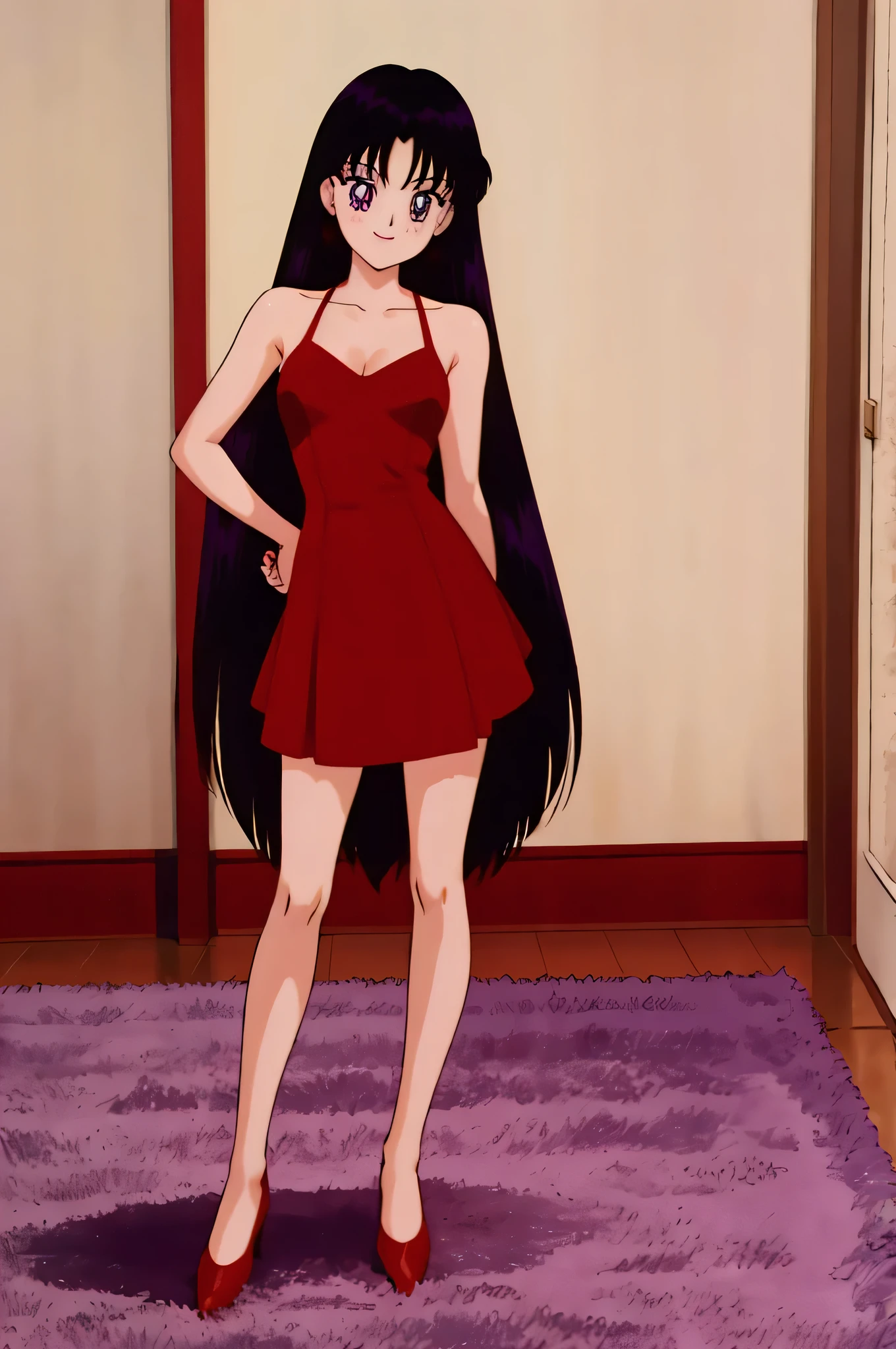 Anime girl in red dress standing in front of a door - SeaArt AI