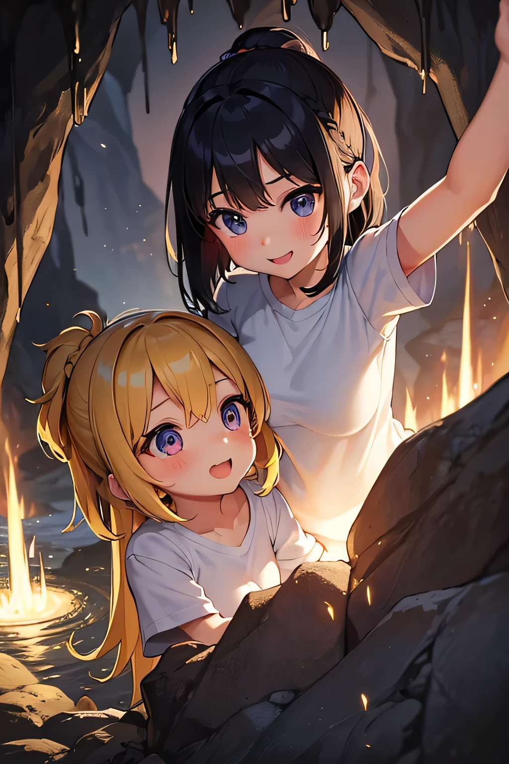 Highest quality、High resolution、Detailed Background、(Beautiful face in every detail:1.4)、Anatomically correct、Detailed facial expressions、(Detailed eyes:1.2)、age beauty、(Huge breasts:1.2)、Highly detailed face、Light color hair、Braided bob cut、ponytail、Perfect body line、well-groomed eyebrows、Enjoy in nature、Hot days of summer vacation、Visiting a limestone cave、Mysterious atmosphere of the cave、
(Two beautiful girls having fun in a famous cave:1.5)、
Inside the cave, it is cool, and the stalactites illuminated by the light of a flashlight create a mysterious atmosphere.、
They run around happily and proceed deeper into the cave.、He looks up at the stalactites on the ceiling with a puzzled expression.、I cross the stream and enjoy the feel of the cave walls with my hands.、Spread out your lunch and eat、They are having a lively conversation and smiling at each other.、It gradually gets darker inside the cave.、Carrying a flashlight, I continue to explore deeper and deeper.、Fulfilling summer vacation memories、
We recommend a light jacket such as a T-shirt or polo shirt.、For bottoms, we recommend shorts or half pants.、Sneakers or trekking shoes are best、A headband that makes it easy to tie your hair up and a flashlight are useful.、Light outdoor fashion style、cute