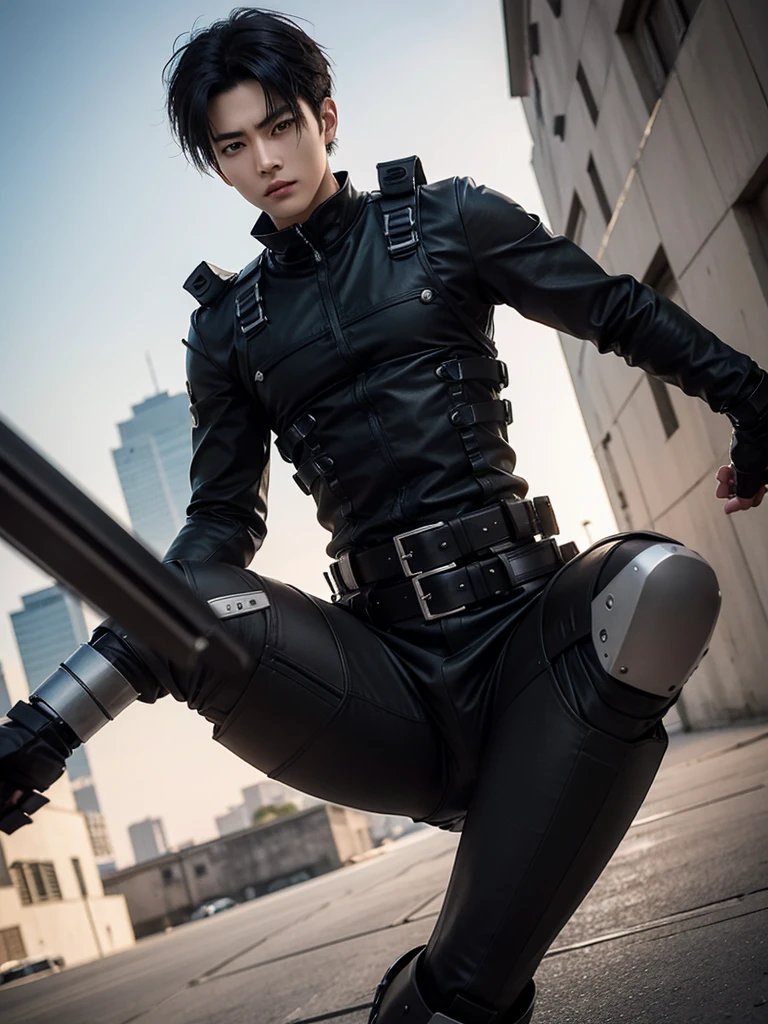 1 Handsome chinese Model　Cool 20 year old　Short black hair　slim and muscular wearing levi ackerman costume from attack on titan fighting a titan, mounted on his omnidirectional mobility gear, professional photography, perspective, depth of field