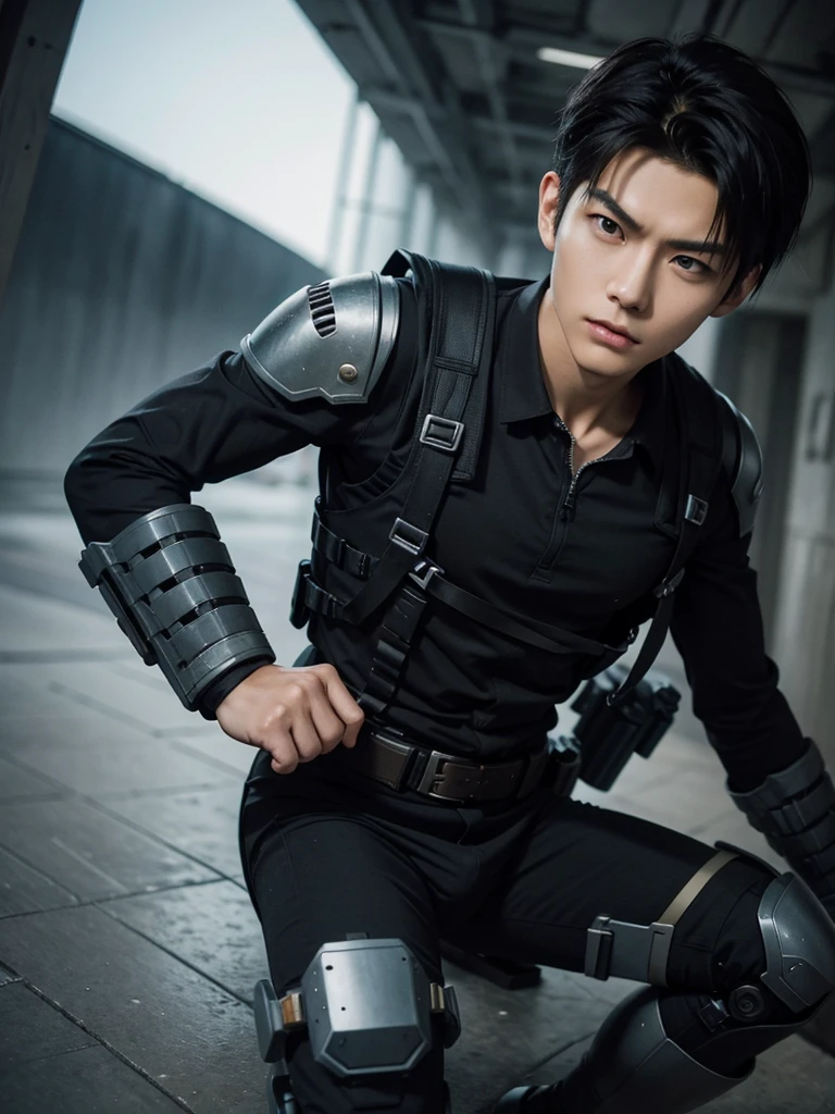 1 Handsome chinese Model　Cool 20 year old　Short black hair　slim and muscular wearing levi ackerman costume from attack on titan fighting a titan, mounted on his omnidirectional mobility gear, professional photography, perspective, depth of field