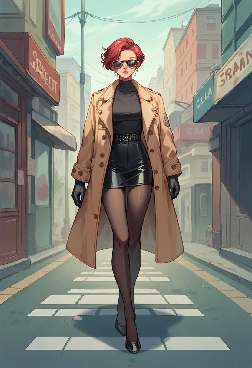 Scarlett overkill with long cream coat and leather black gloves with pantyhose and high heels and sunglasses with short hair walking in street paris