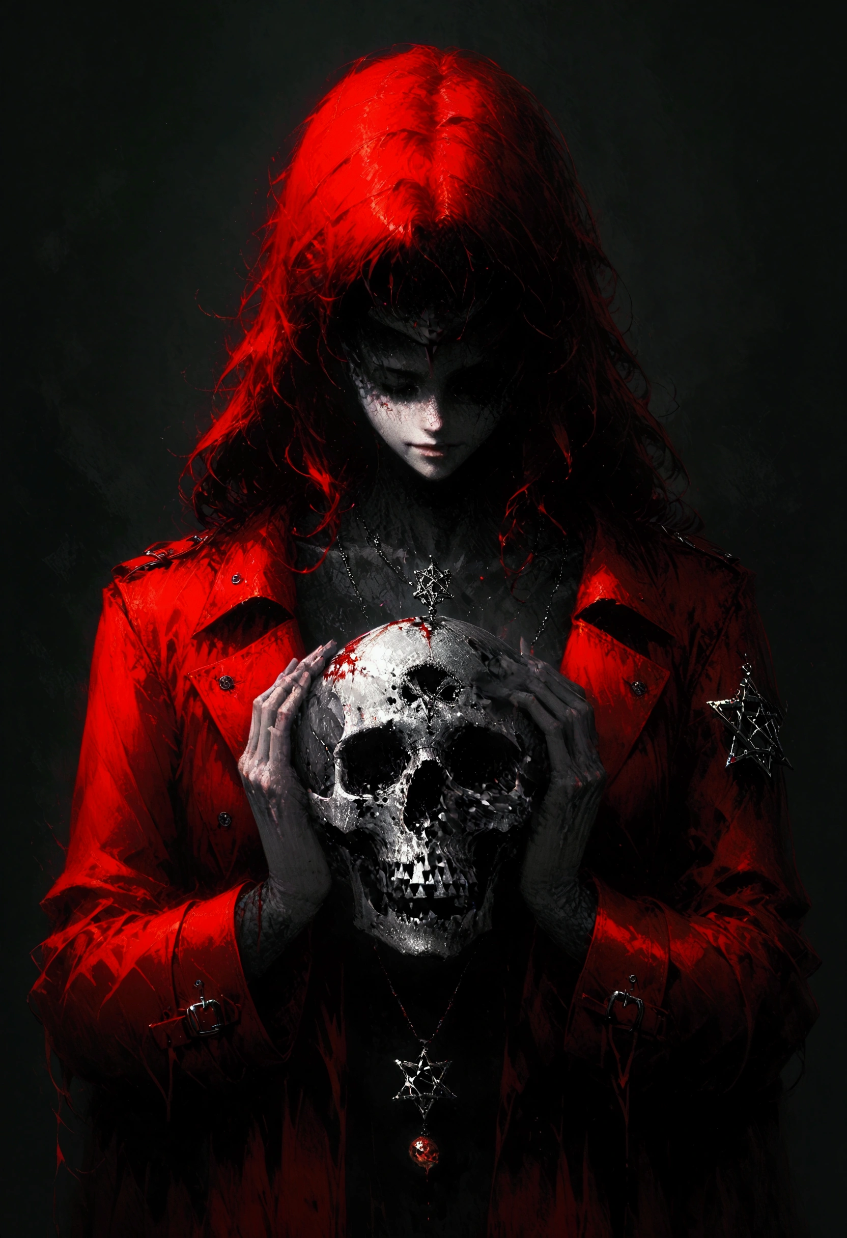 pixel art style, totally black background, red hooded trench coat, deep red trench coat, blood red, faceless, pentagram pendant, holding a skull in hands, front view, flat background