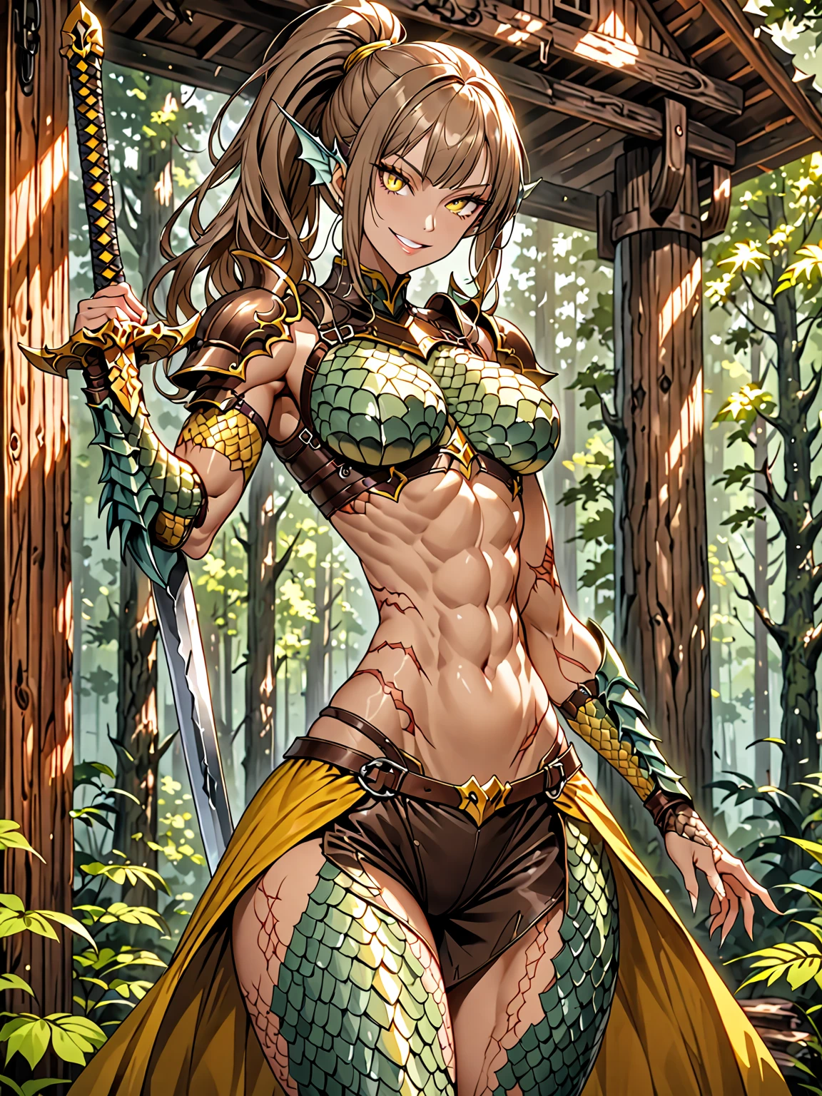 solo, female, sfw, medium shot, very tall, fit, abs, muscular:0.8, hourglass, light tan, long brown hair, scars, ponytail, yellow eyes, slit pupils, crocodile tail, tail, head fins, scales on arms, scale hands:1.3, swamp, wood cabin, day, defiant, bastard sword, scale armor, leather armor, large breasts, on land