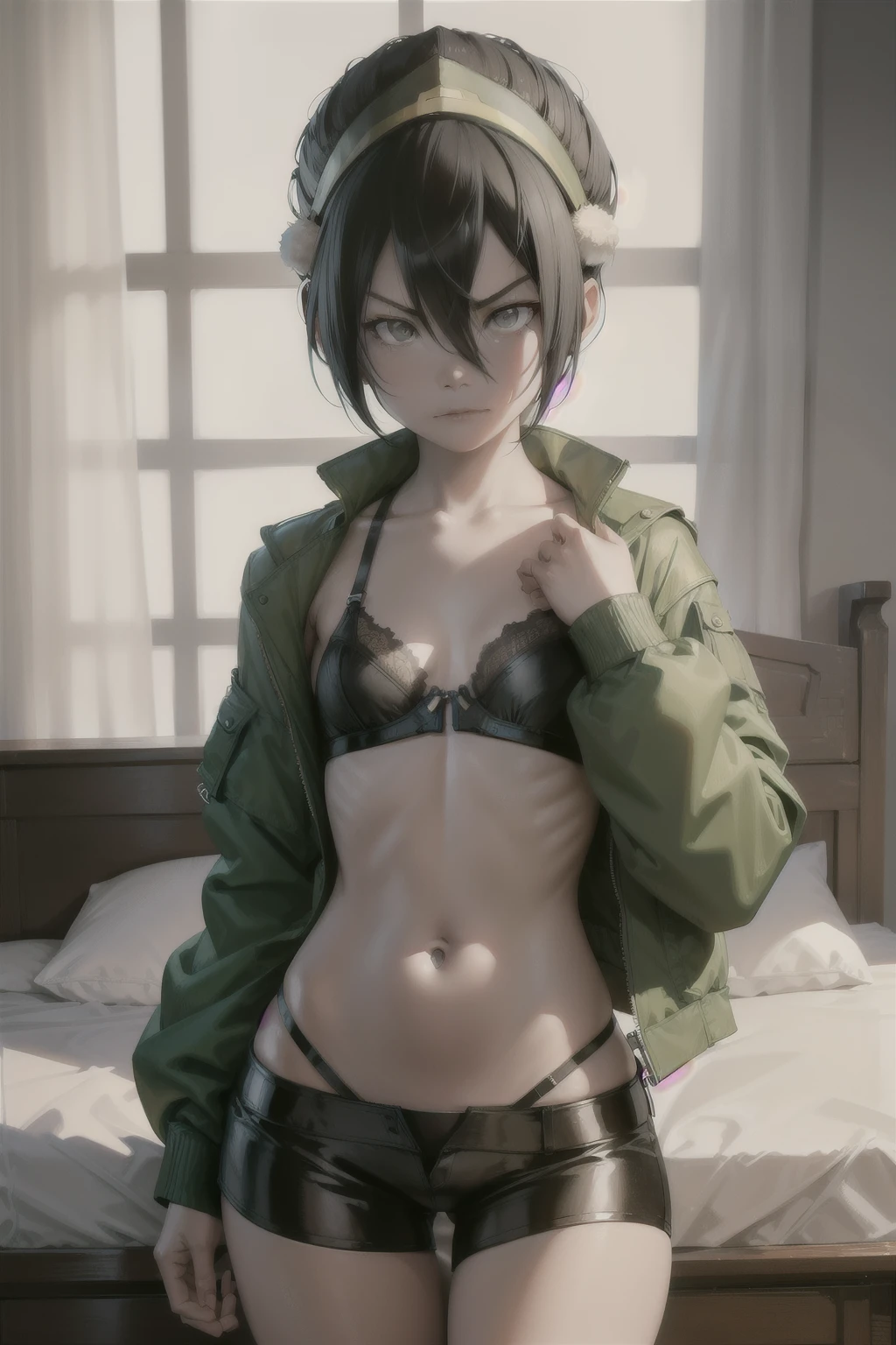 absurdres, highres, ultra detailed, toph beifong , disappointed angry  face , solo , gren jacket, open clothes,  bra , flat chest  ,shorts , looking at viewer , bedroom . 