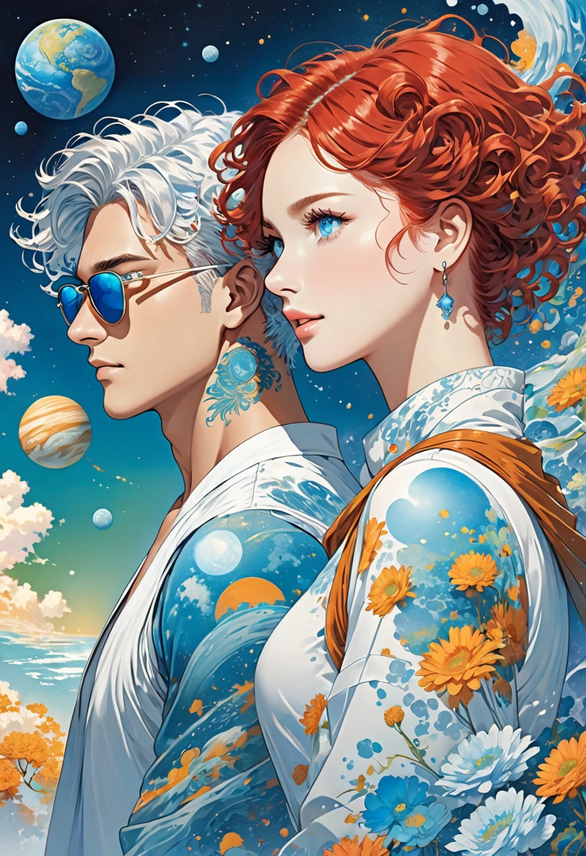 Two main characters staring at each other intensely. The woman has curly red hair that falls long over her shoulders., with eyes that mix the colors of honey and green. The man has short white hair with shades of light blue, gray blue eyes and a blue tattoo that runs up his neck. The cover background displays a planet in shades of white and blue, creating an ethereal and futuristic setting. The characters' expressions are profound, suggesting an emotional connection and an engaging story. Soft lighting highlights the details of faces and the vibrant colors of hair and eyes, while the planet in the background adds a touch of mystery and fantasy.