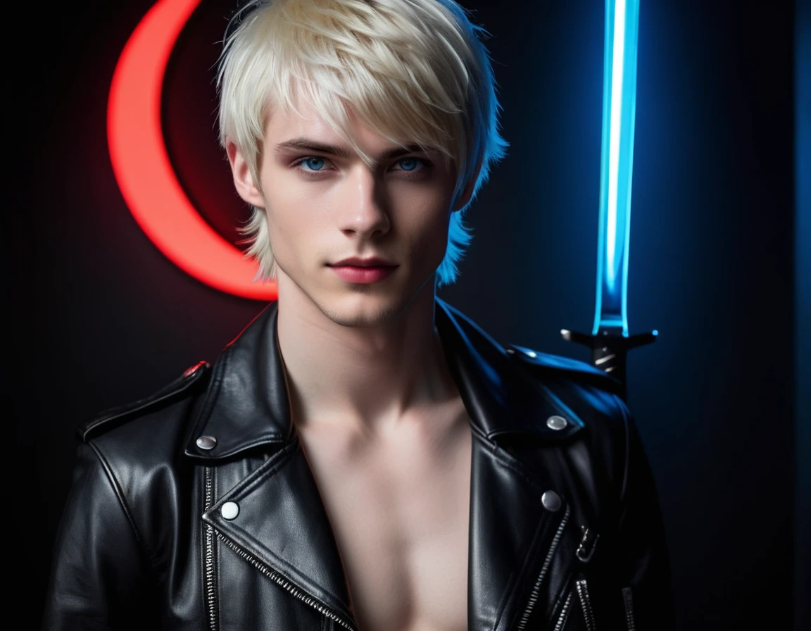 Hyper realistic, dark vibes, solo, attractive young guy, male, (skinny and thin:1.1), 22 years, pale skin, blue eyes, (short layered shaggy platinum blond hair:1.1), side swept bangs, (holding knife:1.2), black leather jacket, black eyeliner, dark lighting, in luxury BDSM room, (smirk:1.1), visible neon red crescent moon (background text "CONTEXT" in blue:1.1)