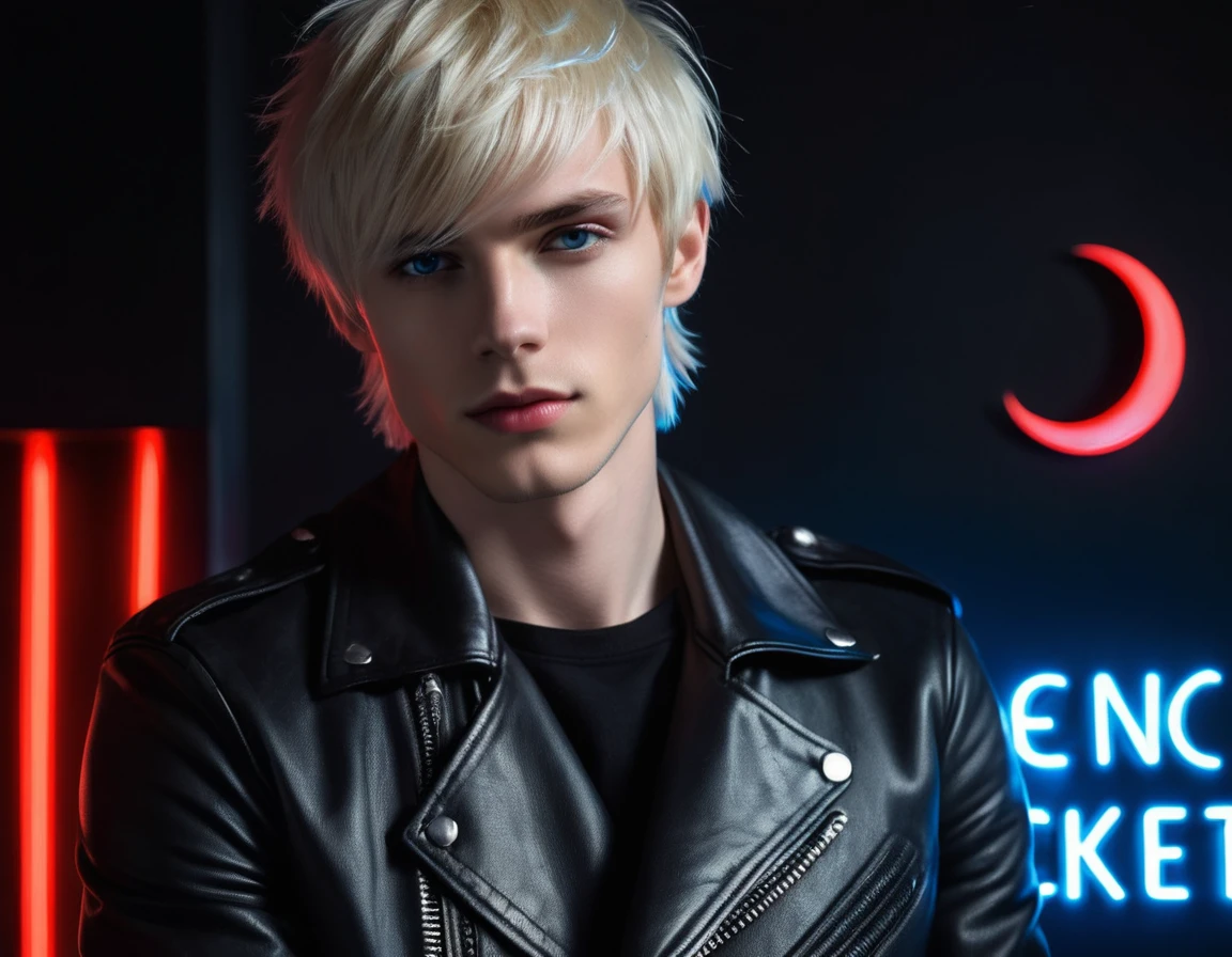 Hyper realistic, dark vibes, solo, attractive young guy, male, (skinny and thin:1.1), 22 years, pale skin, blue eyes, (short layered shaggy platinum blond hair:1.1), side swept bangs, (holding knife:1.2), black leather jacket, black eyeliner, dark lighting, in luxury BDSM room, (smirk:1.1), visible neon red crescent moon (background text "CONTEXT" in blue:1.1)