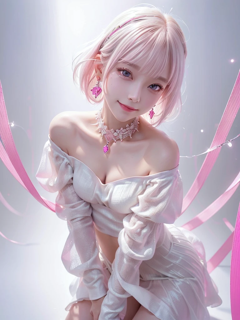 8k,Confused, High resolution, Very detailed, 1 girl, alone, Very beautiful eyes, Ultra-precise depiction, Artistic、Very detailed depiction, (Tangled:1.2), , (White high key background:1.5), (((Pink off-shoulder dress 1.5))), 、 short hair、Earrings and Necklaces、Platinum Blonde Hair, (Glowing Skin), Many colors, , (Shooting from above:1.2),、Flat Body、slim、cute、、Round face、Cast a Shadow、、Smile 1.3