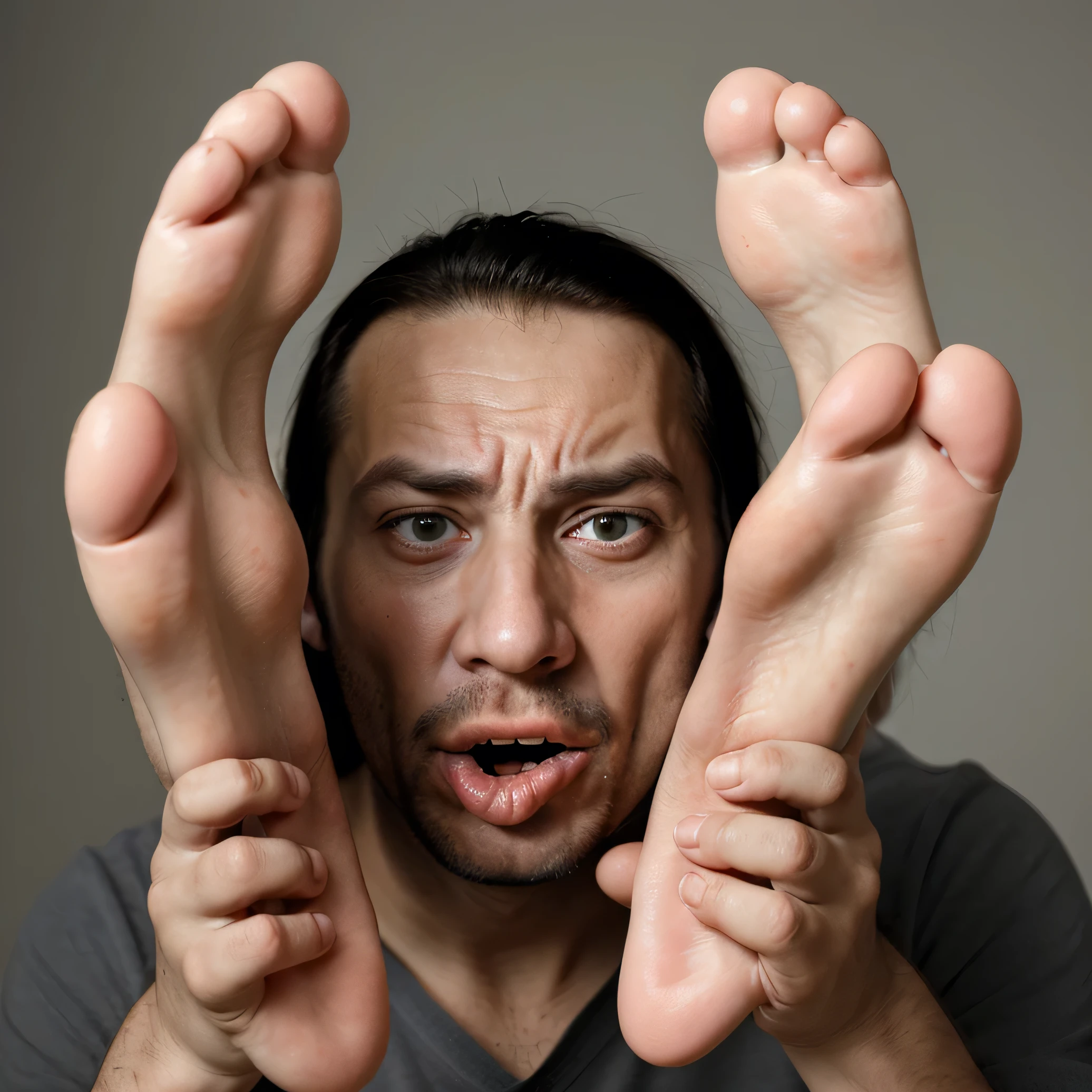 Man with a scared face with his foot in his mouth