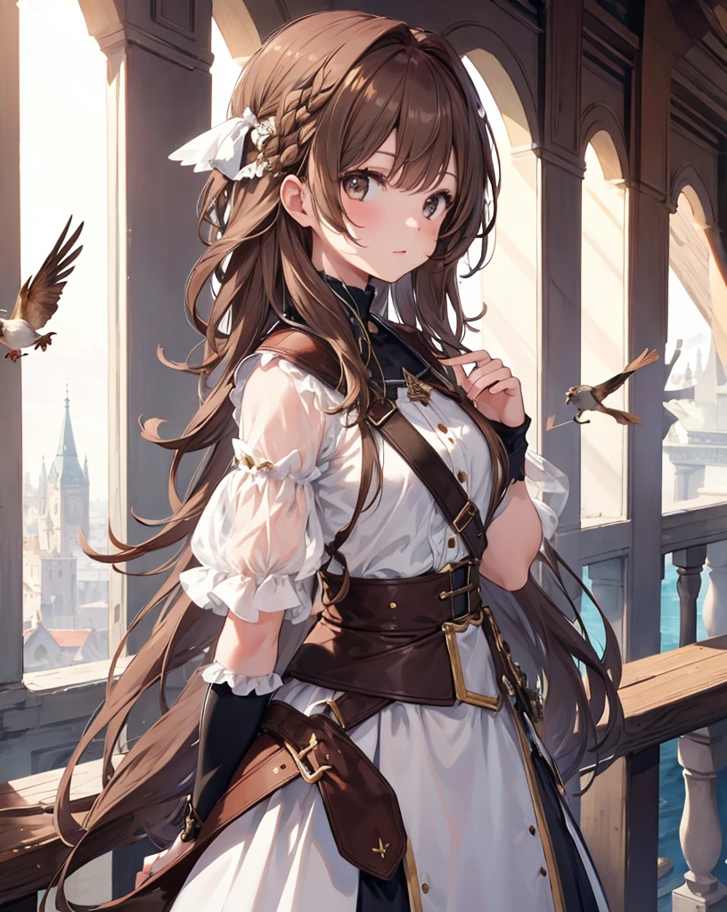 masterpiece,One girl, Sparrow, Brown Haired Girl, wearing knight&#39;s armor, Curly shorthair, Messy Hair, Black Skirt, The body is slim, Knight in armor, Medium chest, she closed her left eye, Shirt decoration,  Pie, Captivating look, Beautiful breasts, Round Breasts, Crimson Eyes, dress, mini skirt, Sitting in a medieval tavern, Ahoge, Captivating smile, breastplate