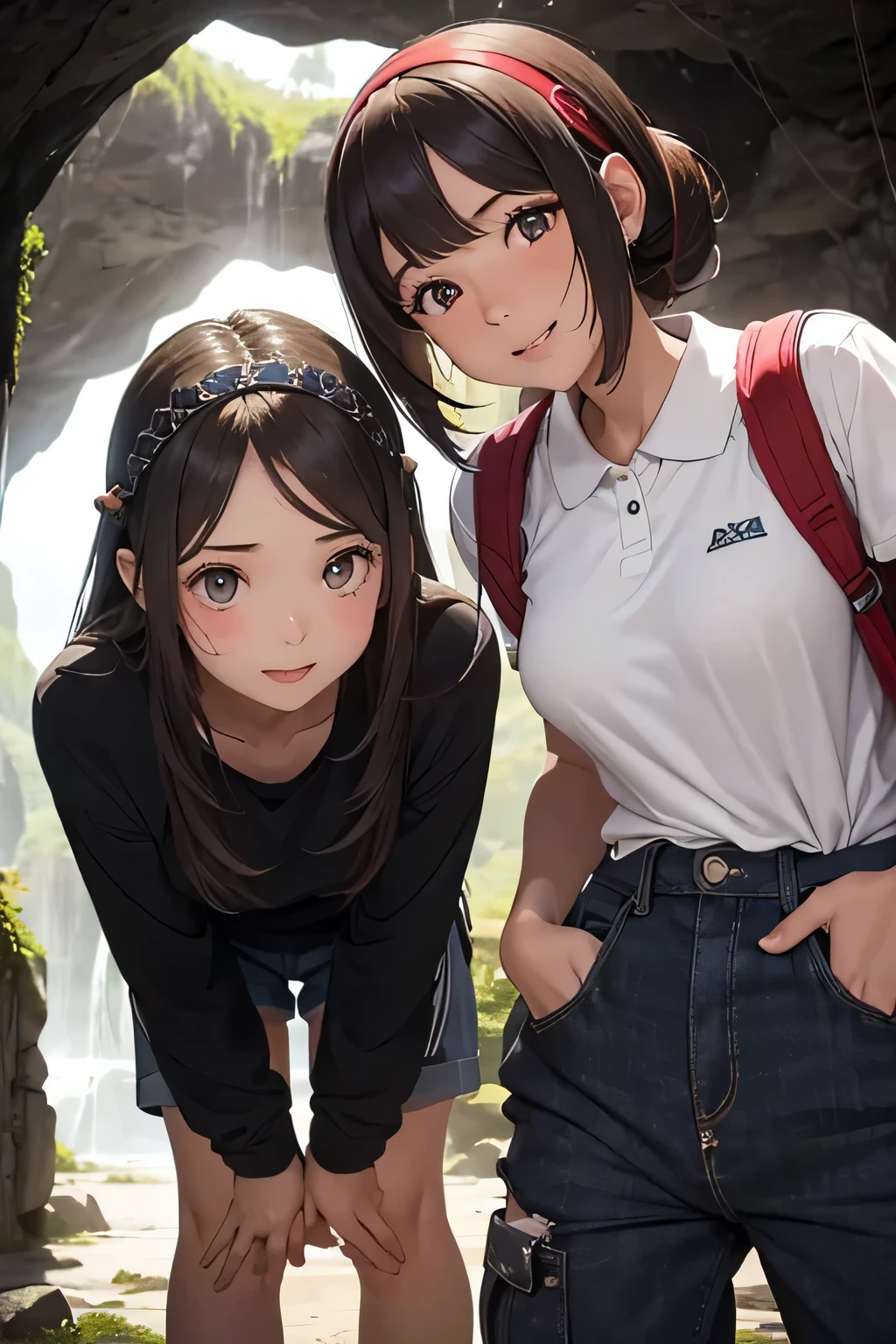 Highest quality、High resolution、Detailed Background、(Beautiful face in every detail:1.4)、Anatomically correct、Detailed facial expressions、(Detailed eyes:1.2)、age beauty、(Huge breasts:1.2)、Highly detailed face、Light color hair、Braided bob cut、ponytail、Perfect body line、well-groomed eyebrows、Enjoy in nature、Hot days of summer vacation、Visiting a limestone cave、Mysterious atmosphere of the cave、
(Two beautiful girls having fun in a famous cave:1.5)、
Inside the cave, it is cool, and the stalactites illuminated by the light of a flashlight create a mysterious atmosphere.、
They run around happily and proceed deeper into the cave.、He looks up at the stalactites on the ceiling with a puzzled expression.、I cross the stream and enjoy the feel of the cave walls with my hands.、Spread out your lunch and eat、They are having a lively conversation and smiling at each other.、It gradually gets darker inside the cave.、Carrying a flashlight, I continue to explore deeper and deeper.、Fulfilling summer vacation memories、
We recommend a light jacket such as a T-shirt or polo shirt.、For bottoms, we recommend shorts or half pants.、Sneakers or trekking shoes are best、A headband that makes it easy to tie your hair up and a flashlight are useful.、Light outdoor fashion style、cute